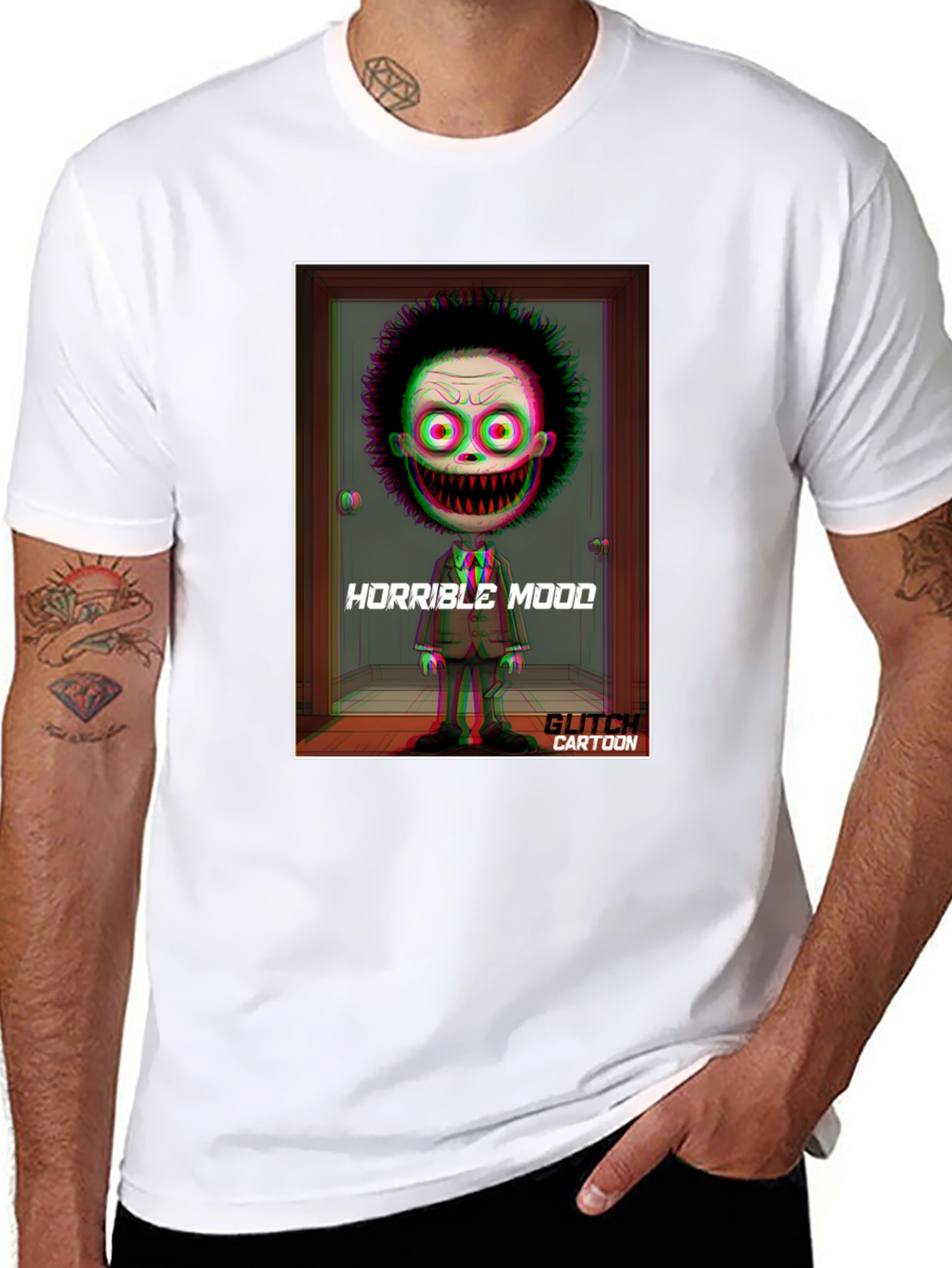 Horrible Mood Glitch Cartoon Black T-Shirt