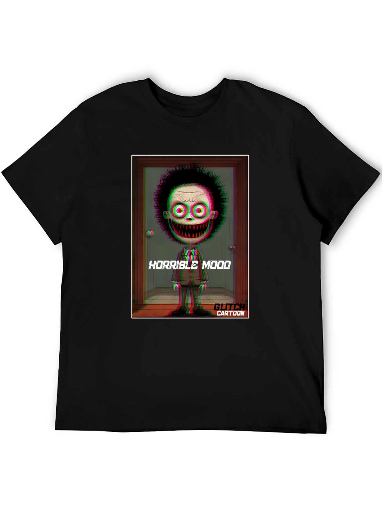 Horrible Mood Glitch Cartoon Black T-Shirt