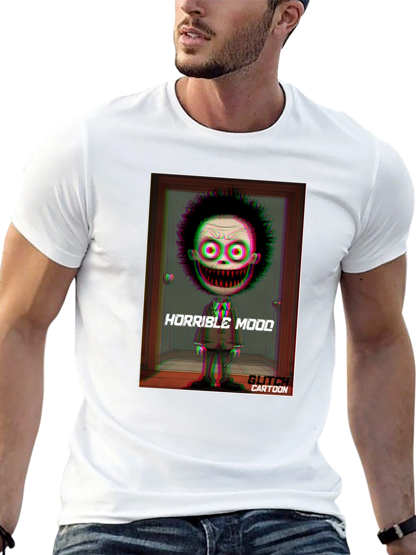 Horrible Mood Glitch Cartoon Black T-Shirt