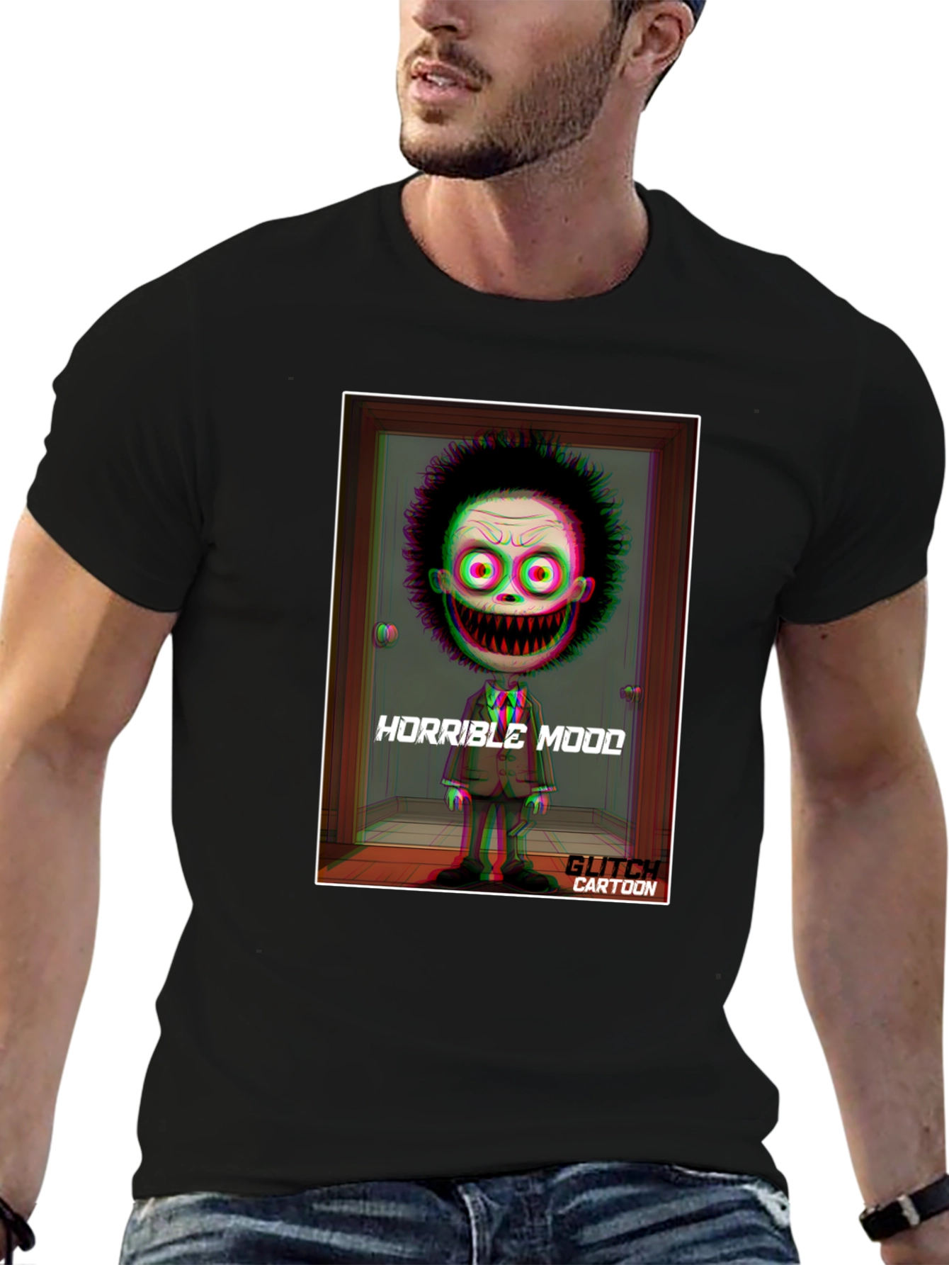 Horrible Mood Glitch Cartoon Black T-Shirt
