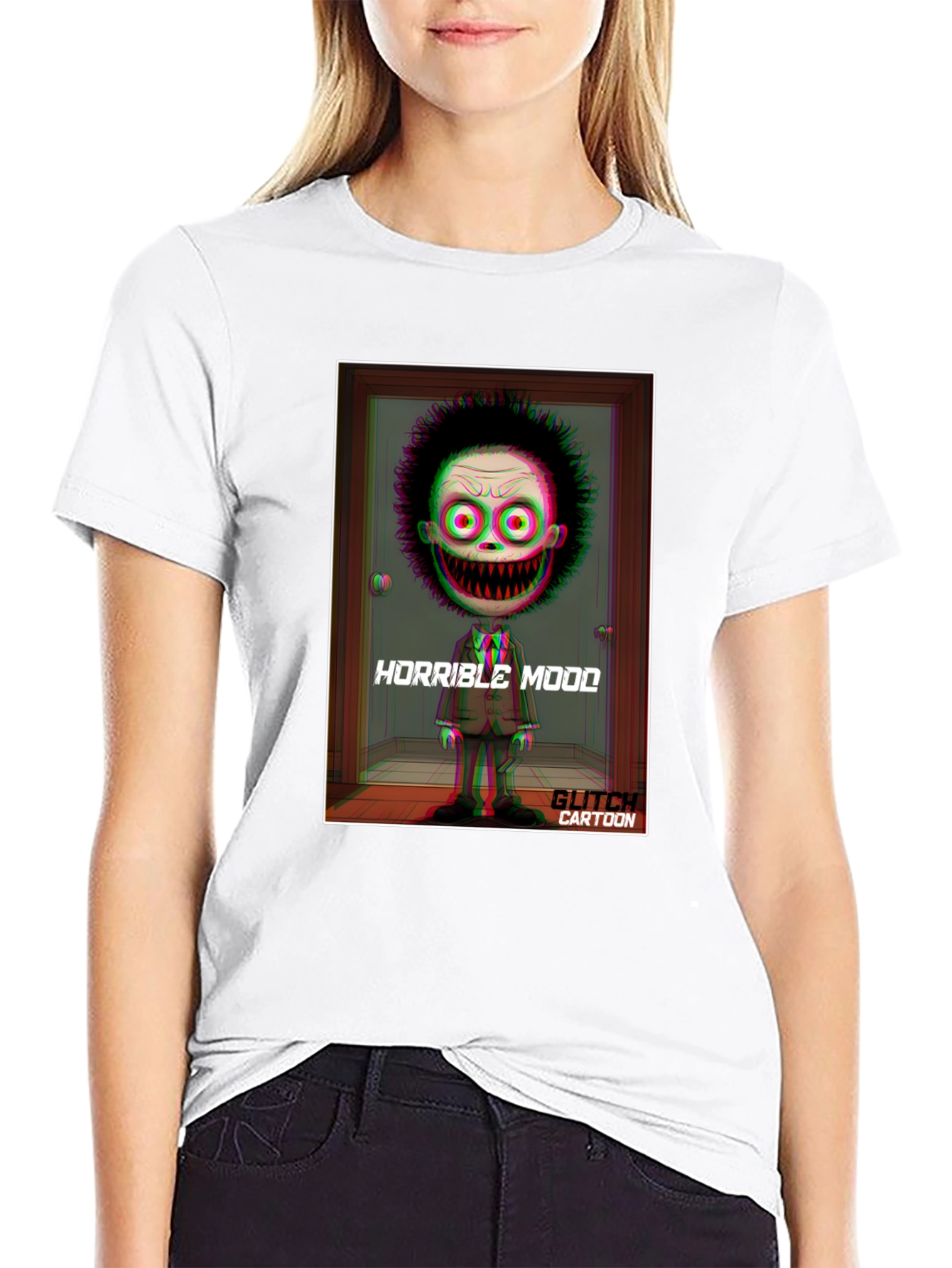 Horrible Mood Glitch Cartoon Black T-Shirt