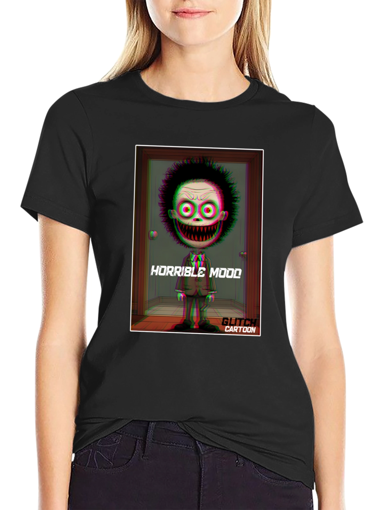 Horrible Mood Glitch Cartoon Black T-Shirt