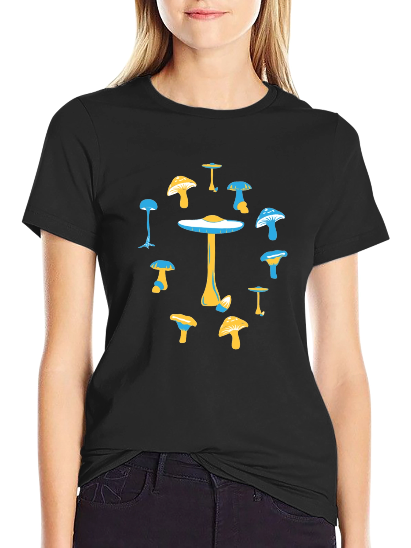Funky Mushroom Graphic T-Shirt - Black Cotton Blend