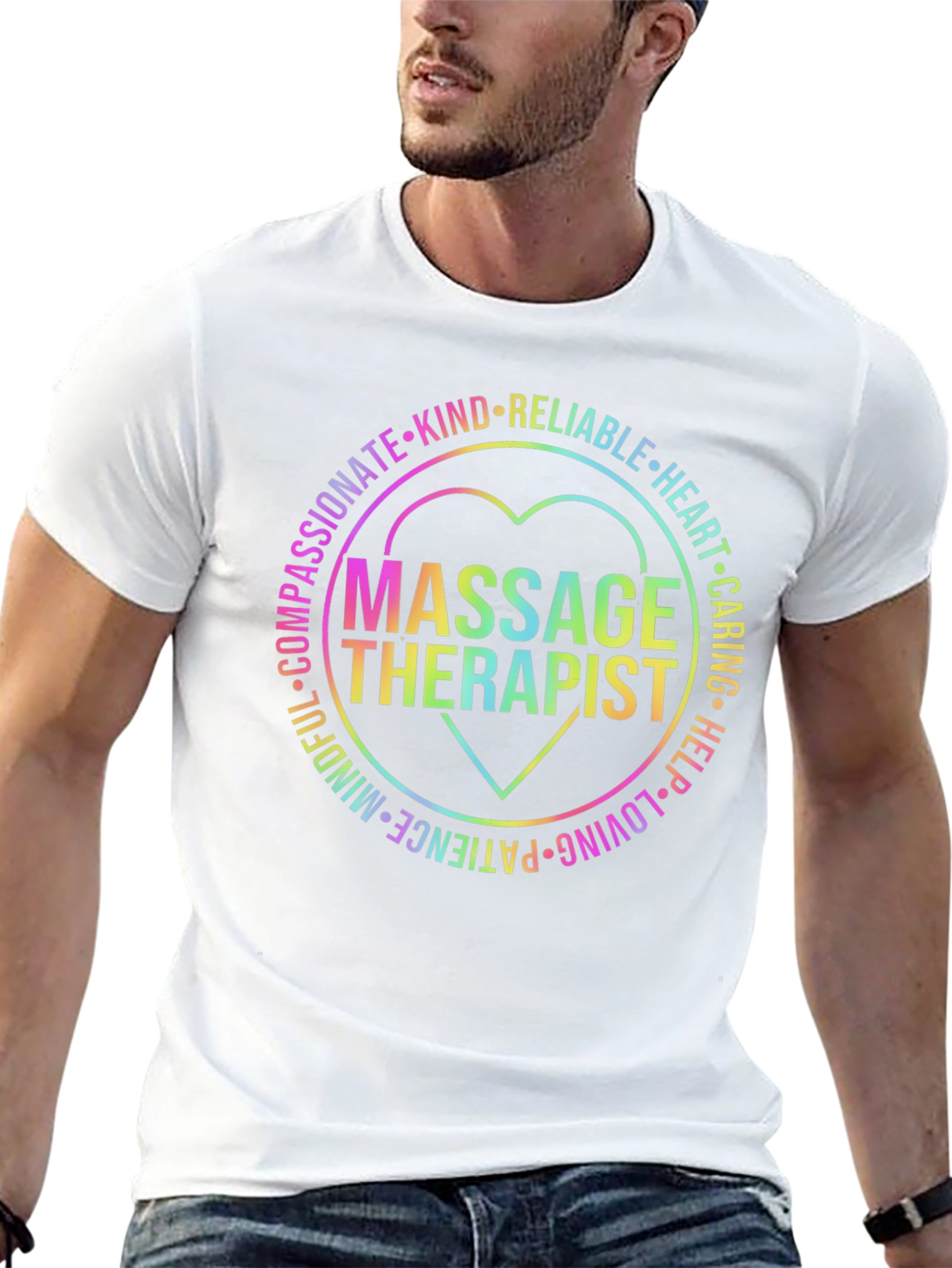 Massage Therapist Rainbow Heart Graphic T-Shirt