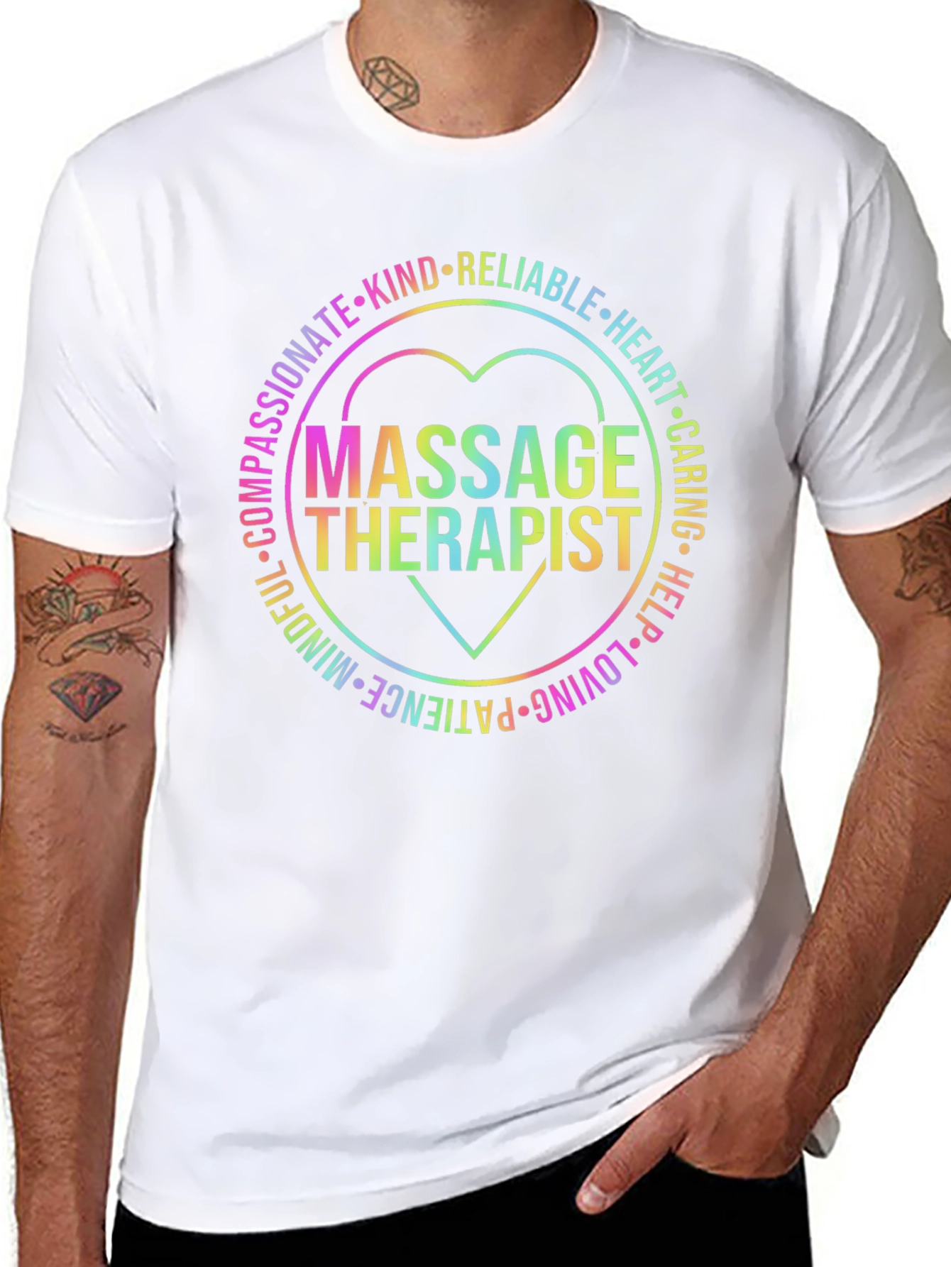 Massage Therapist Rainbow Heart Graphic T-Shirt