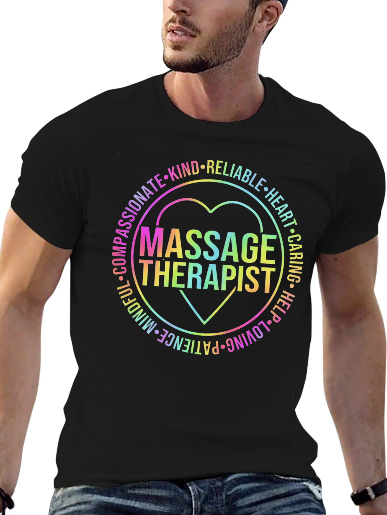 Massage Therapist Rainbow Heart Graphic T-Shirt
