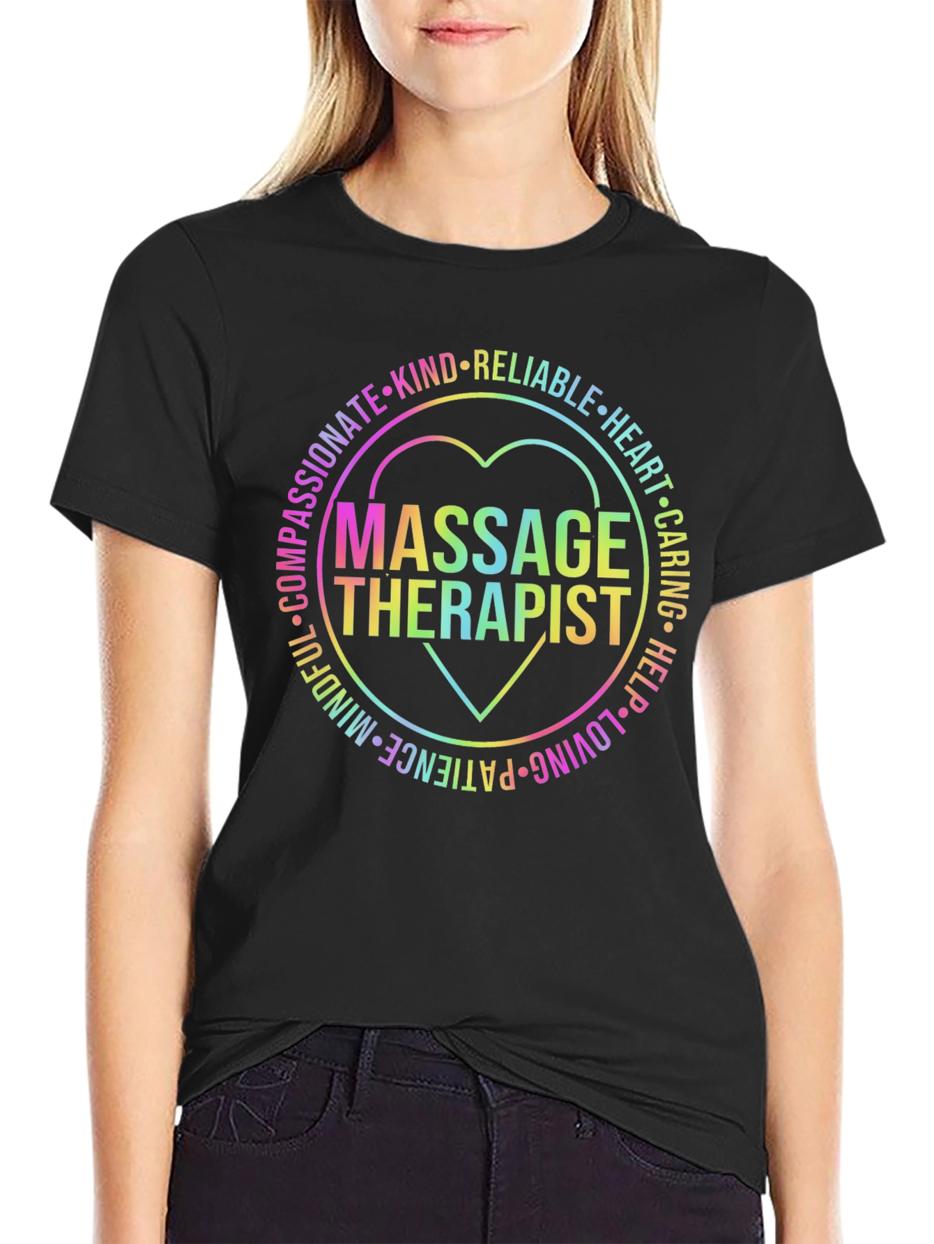 Massage Therapist Rainbow Heart Graphic T-Shirt