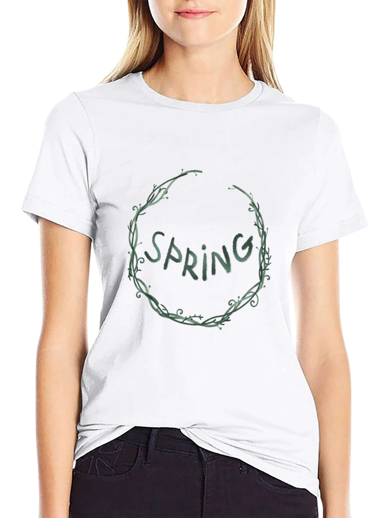 Spring Wreath Graphic Tee - Black Cotton Blend