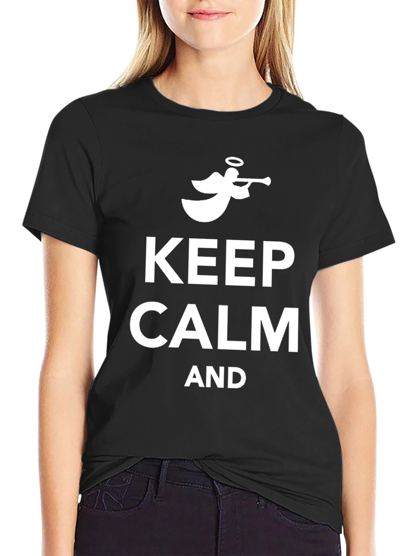Keep Calm Angel Trumpet Black Cotton Tee