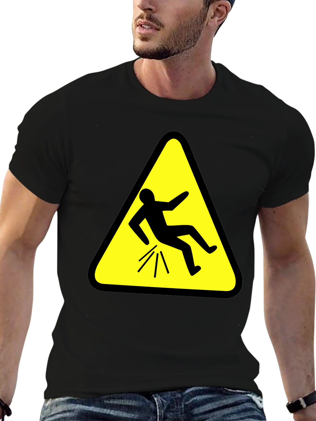 Funny Falling Man Hazard Sign Black T-Shirt