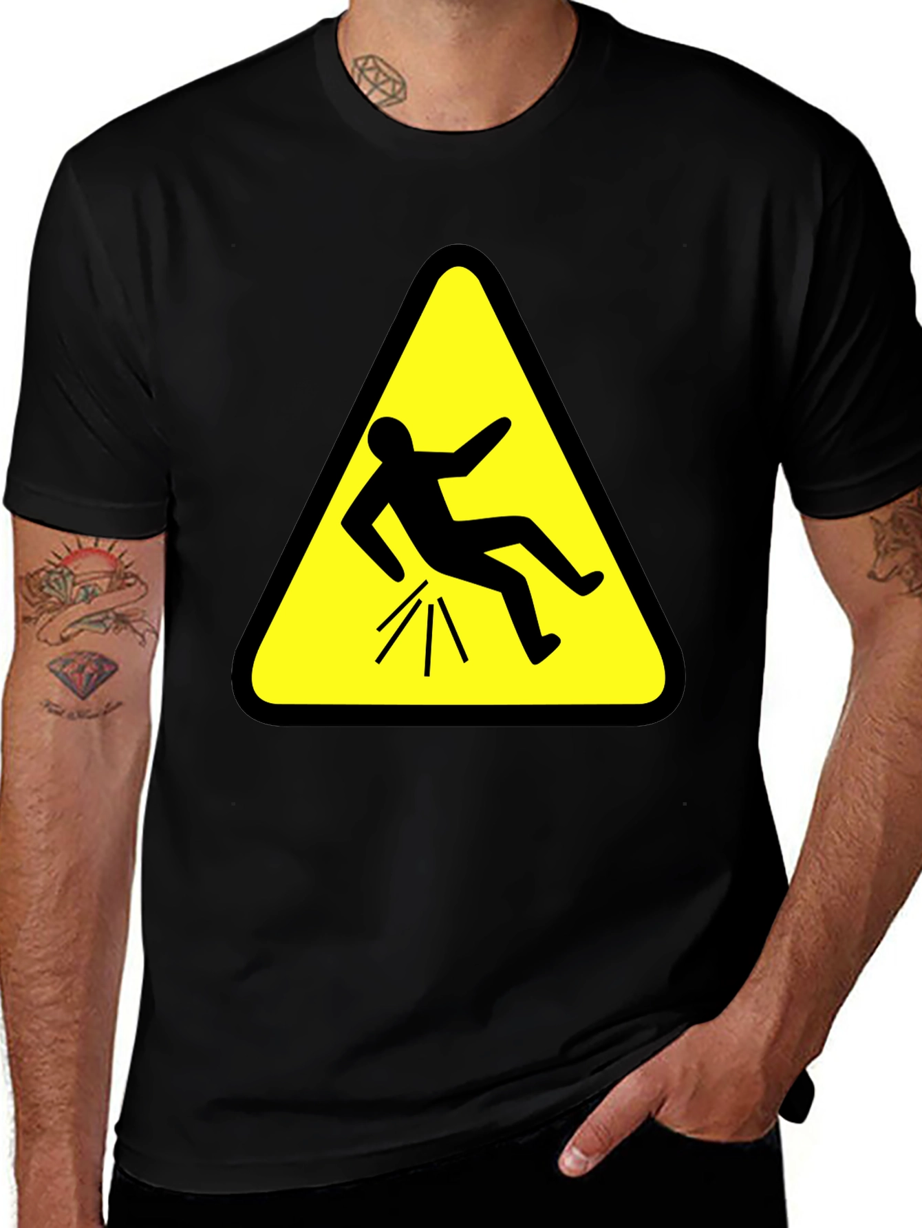 Funny Falling Man Hazard Sign Black T-Shirt