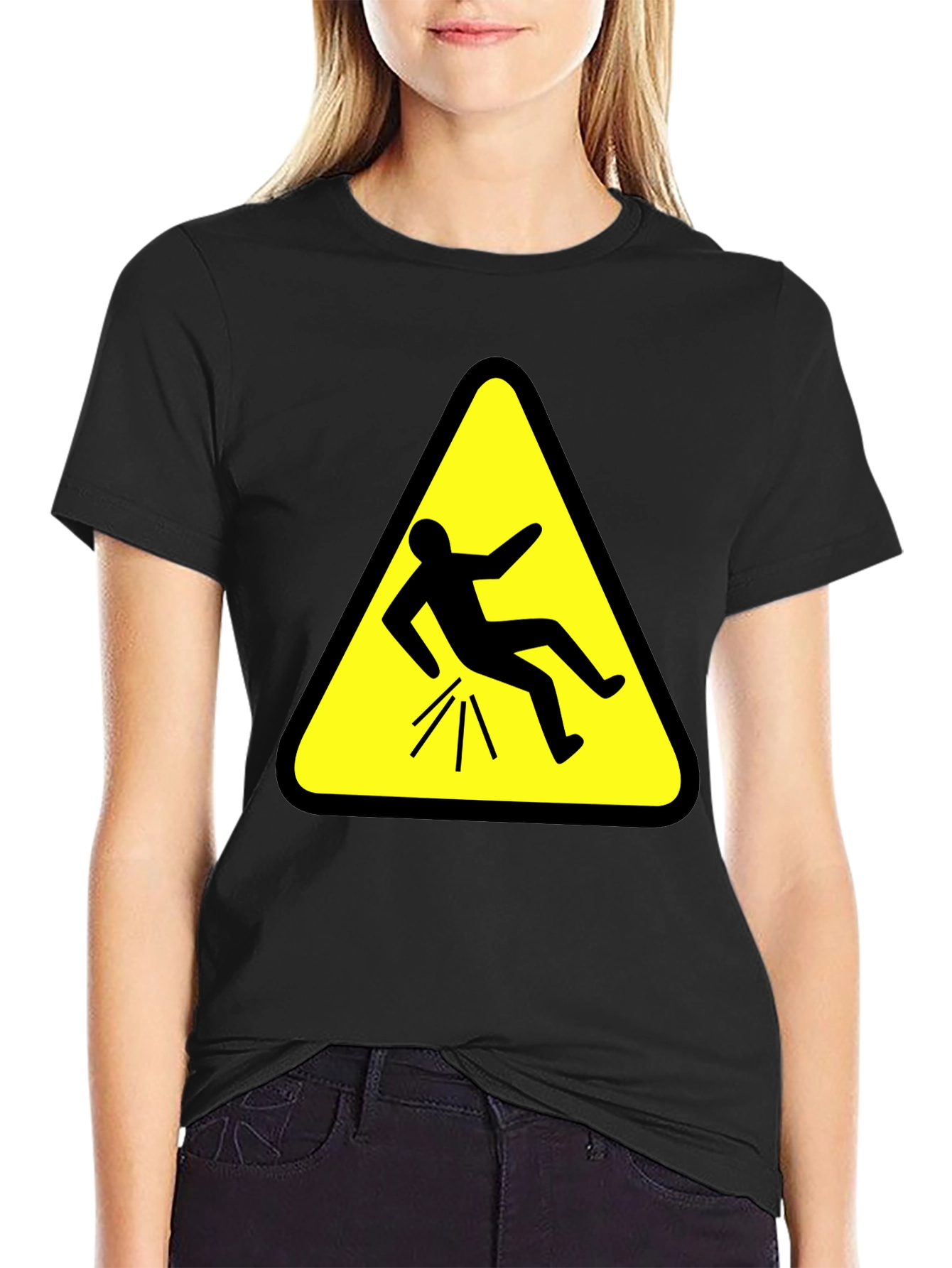 Funny Falling Man Hazard Sign Black T-Shirt