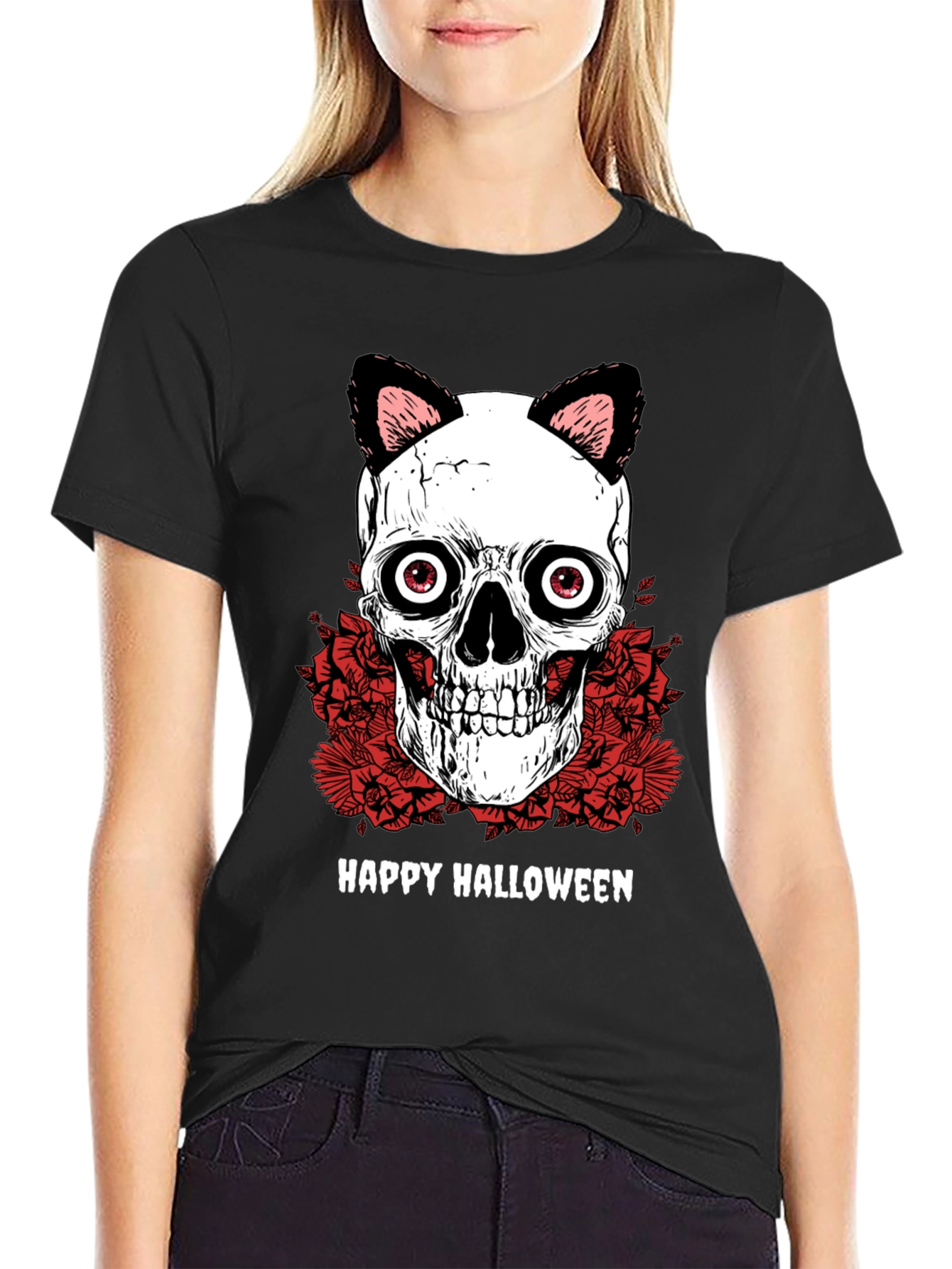 Happy Halloween Skull Cat Ears T-Shirt