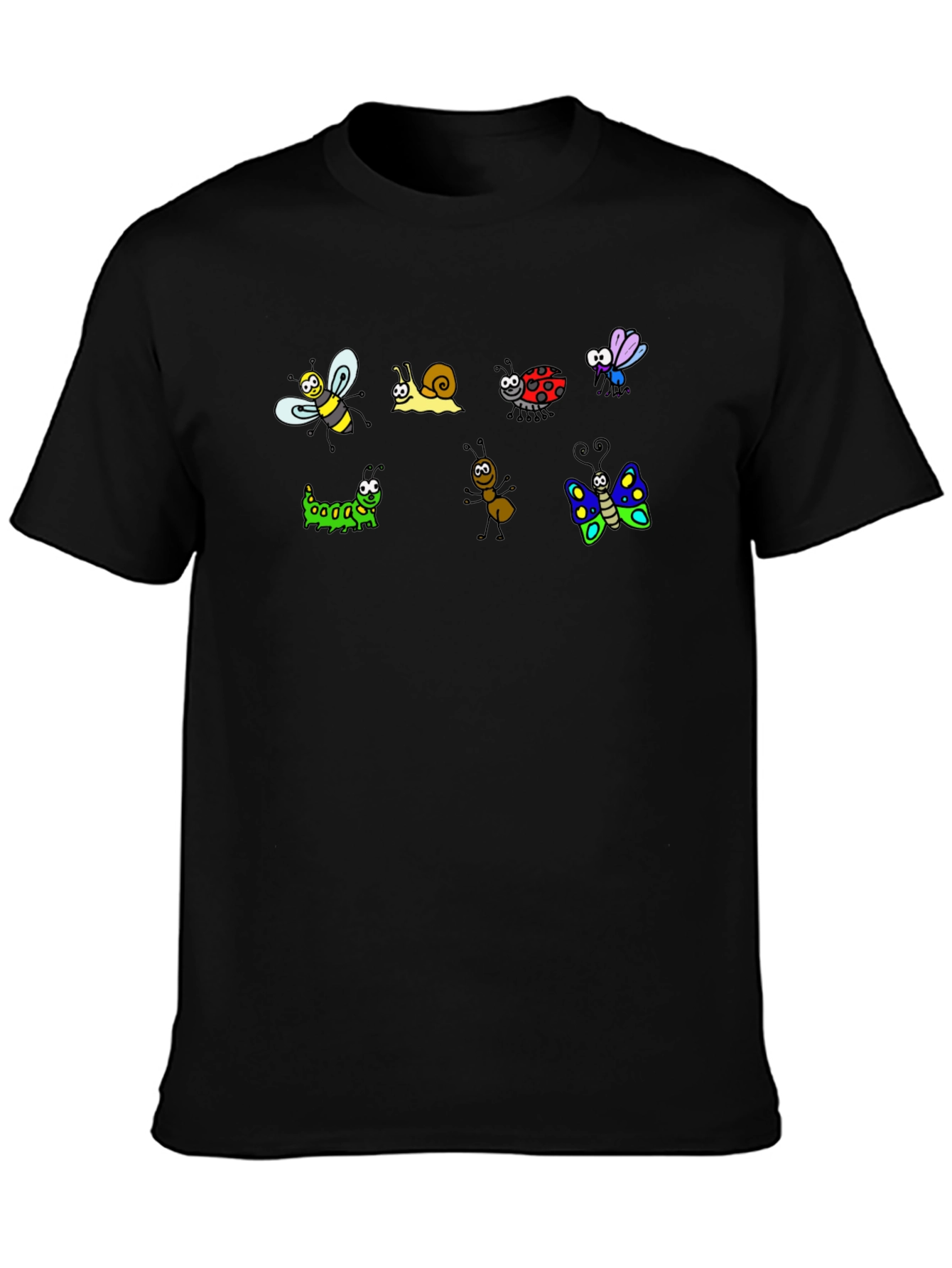Cartoon Insects Black Cotton T-Shirt