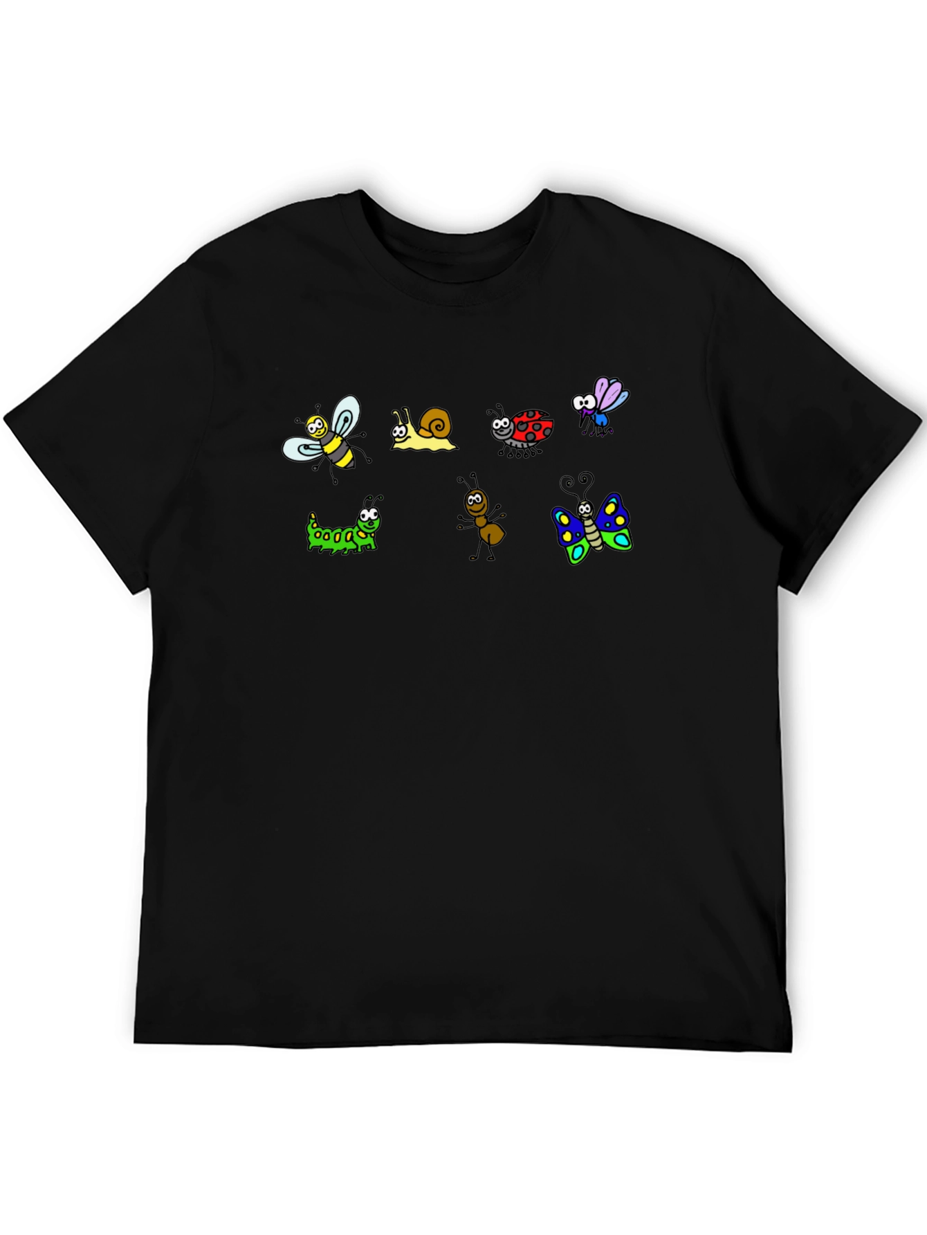 Cartoon Insects Black Cotton T-Shirt