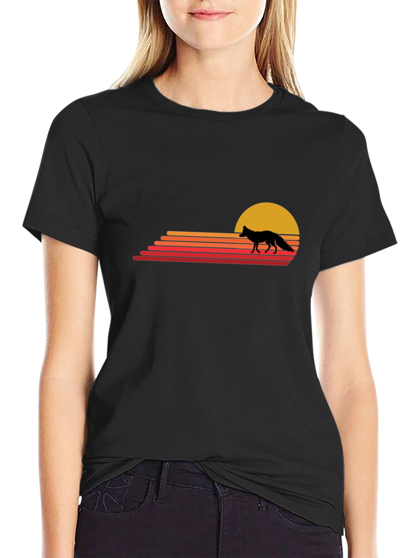 Retro Fox Sunset T-Shirt - Black