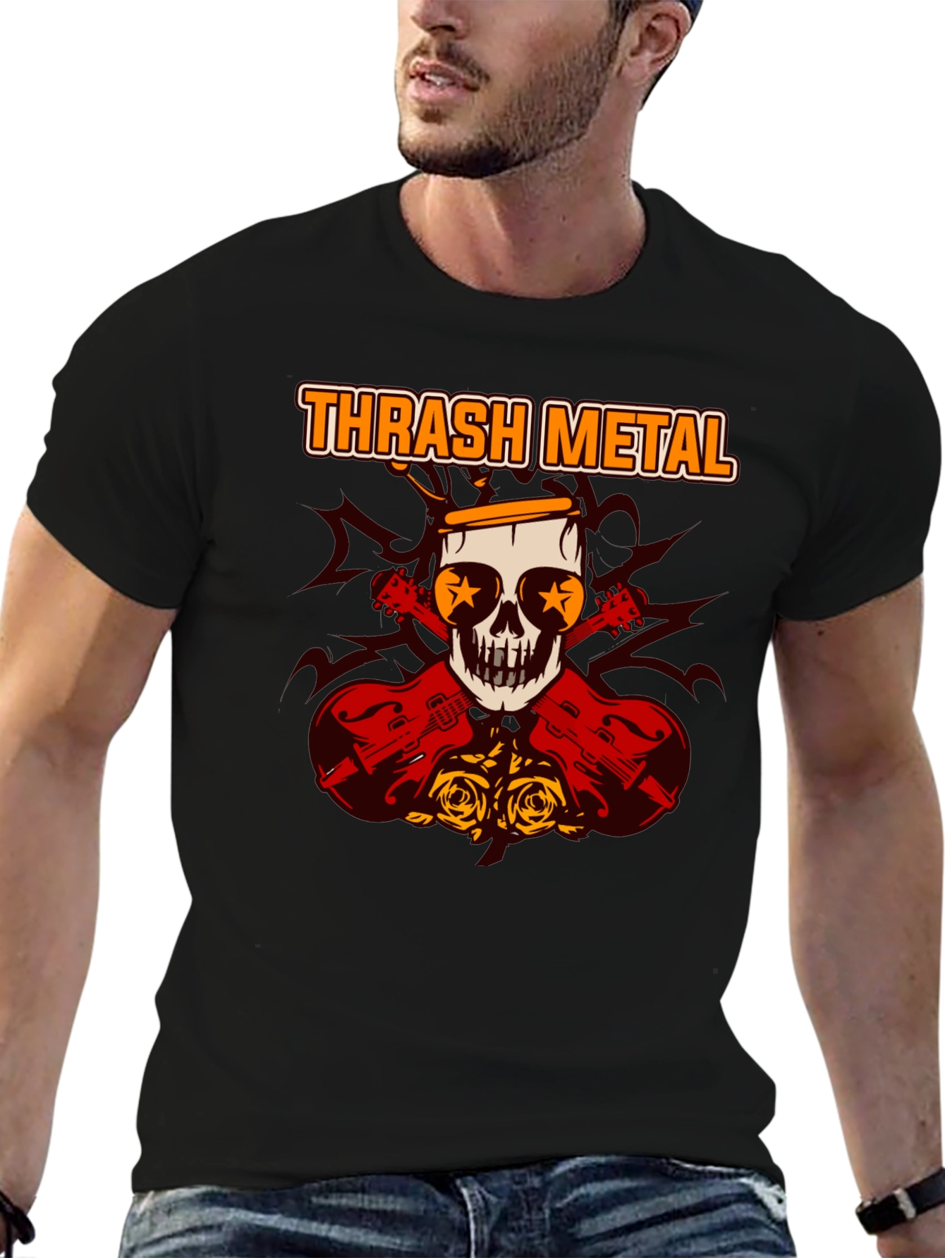 Thrash Metal Skull & Guitar Graphic Tee