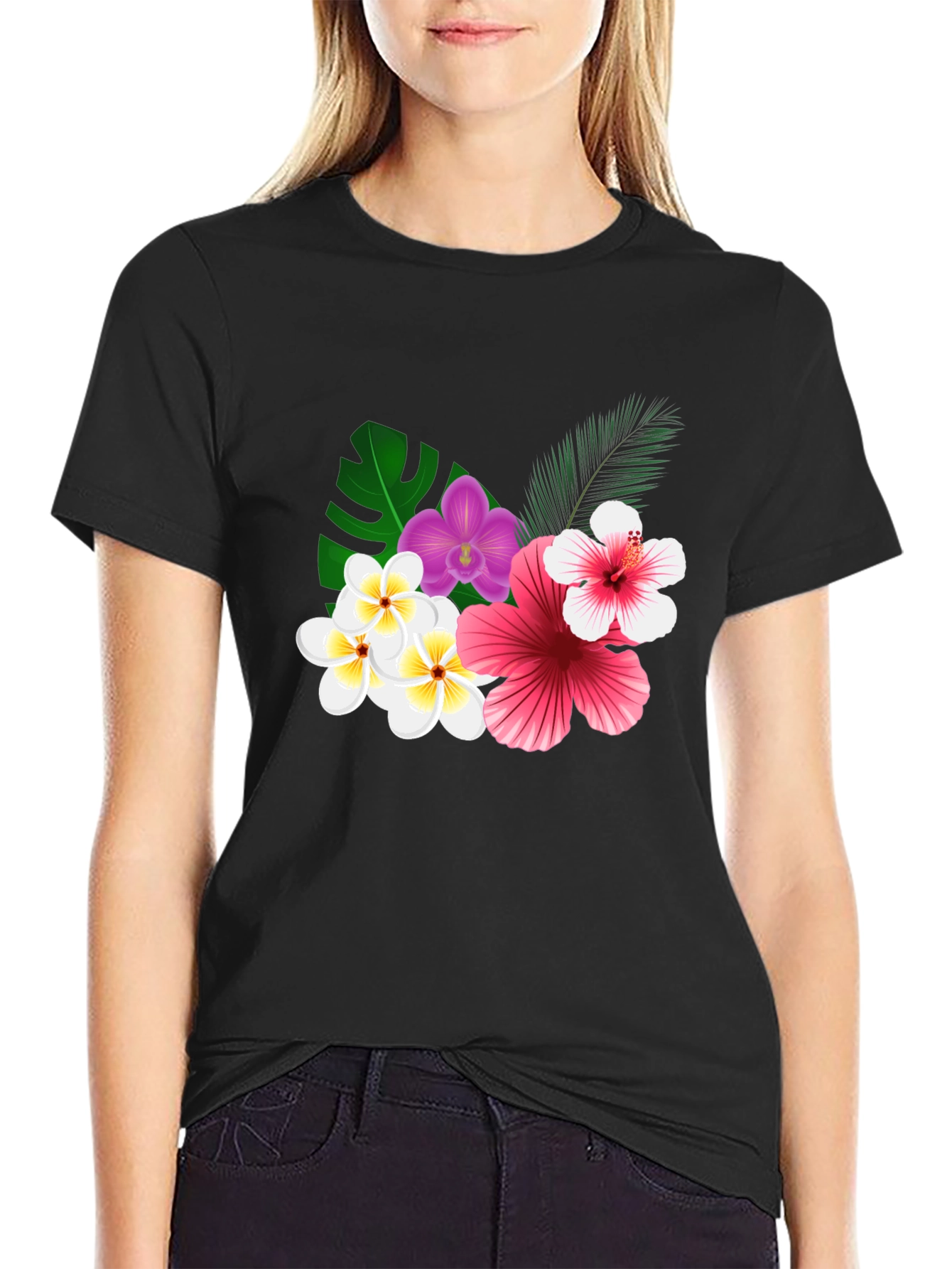Tropical Floral Print Black T-Shirt