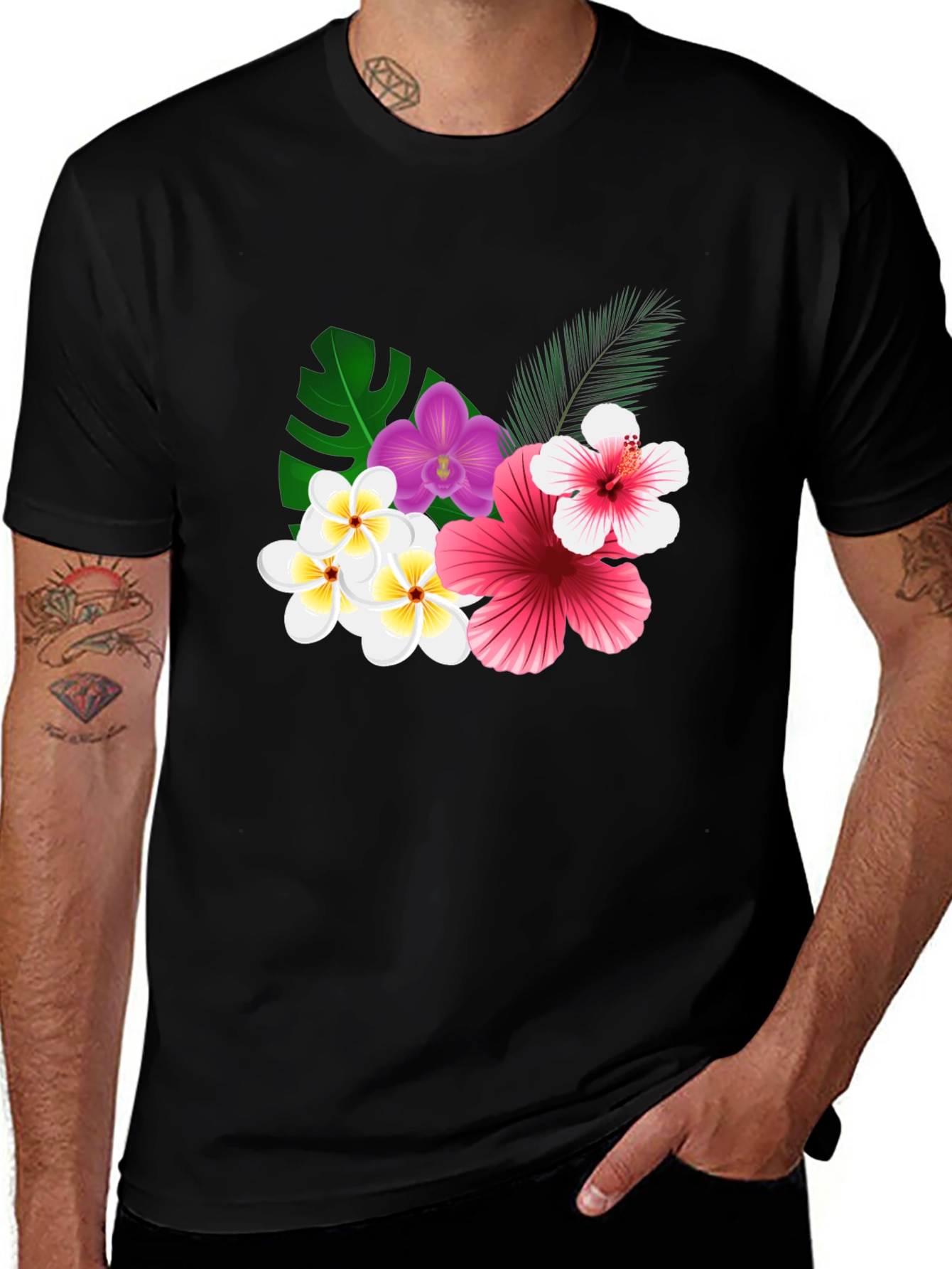 Tropical Floral Print Black T-Shirt