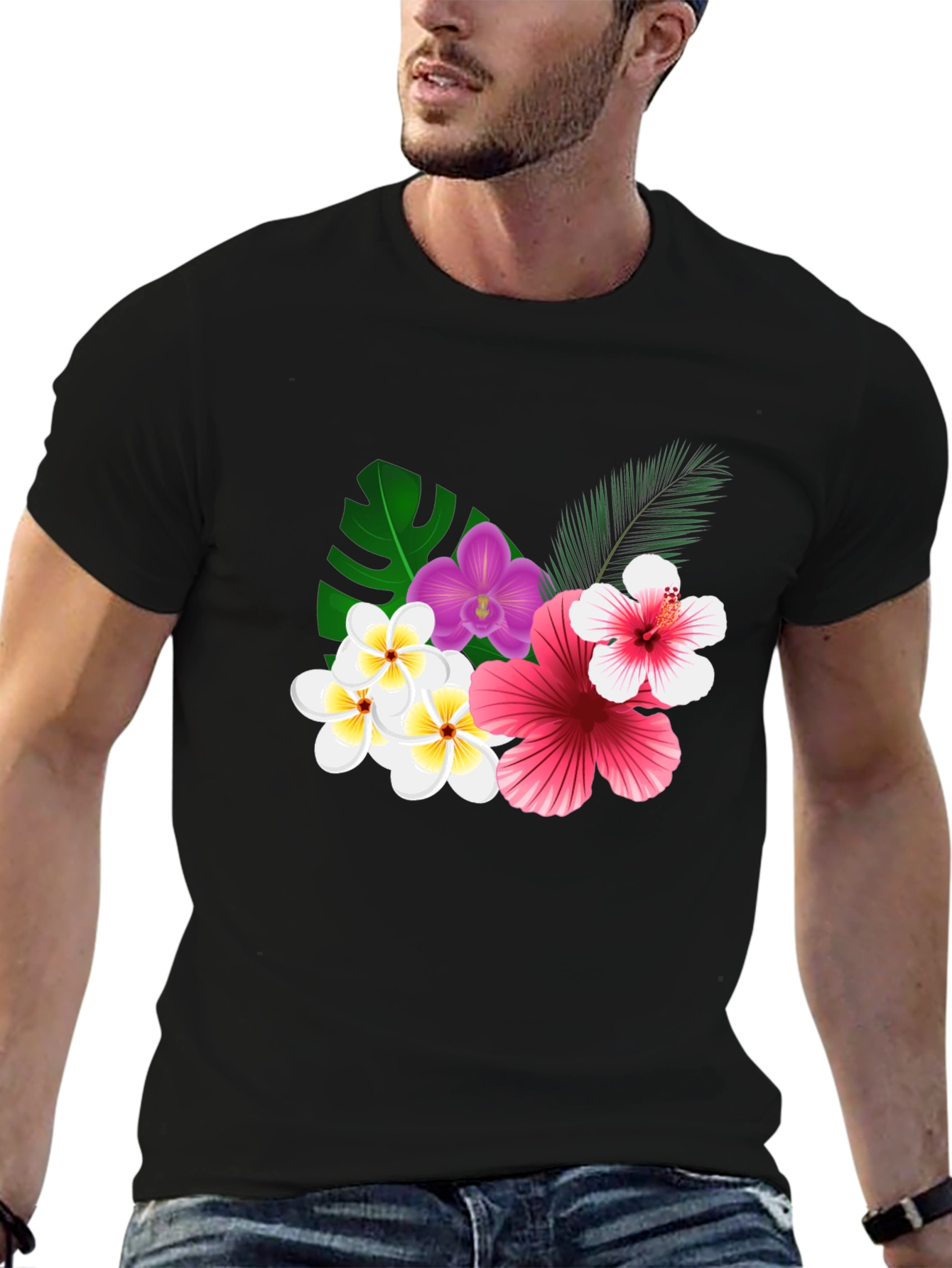 Tropical Floral Print Black T-Shirt