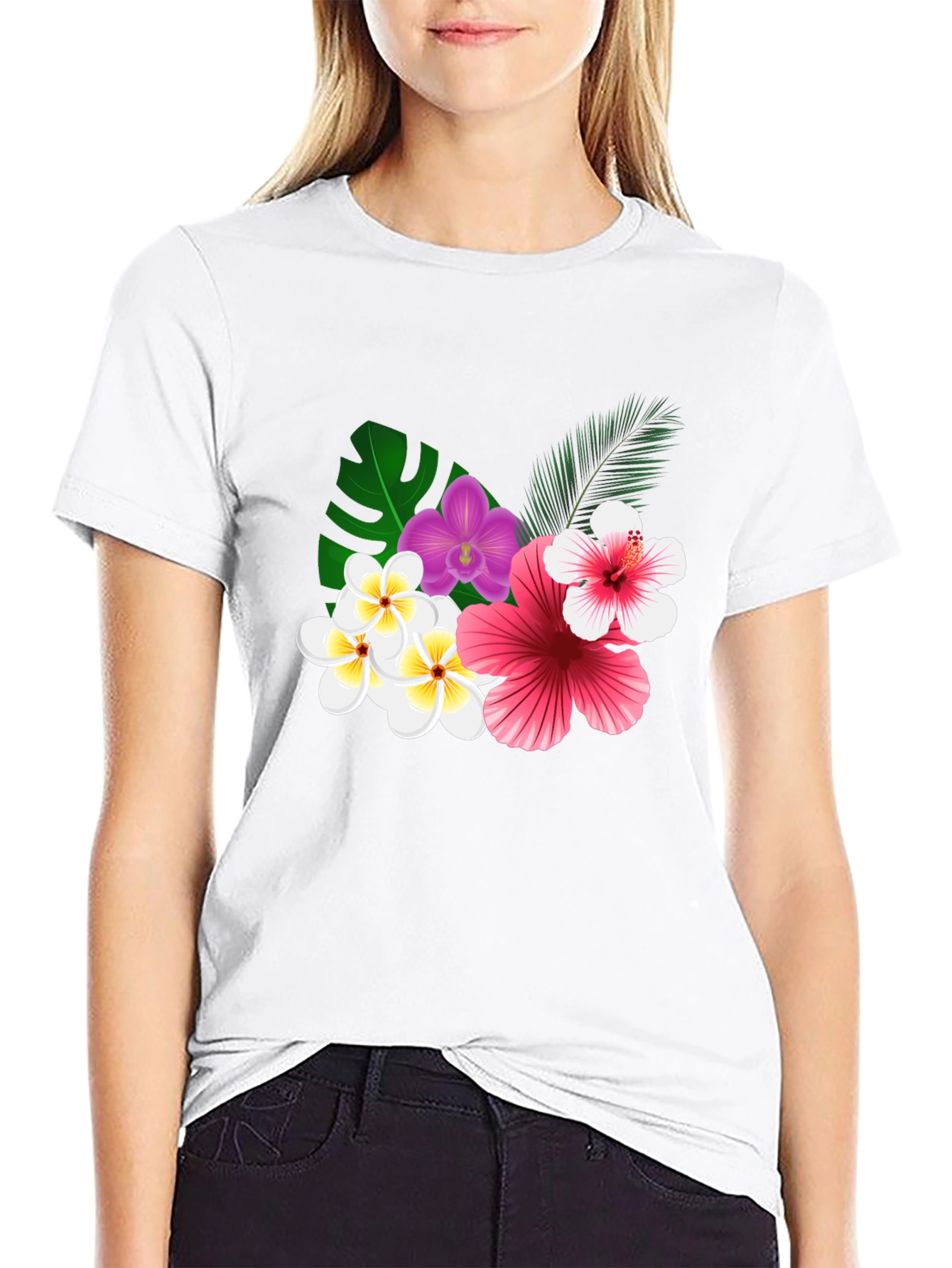 Tropical Floral Print Black T-Shirt