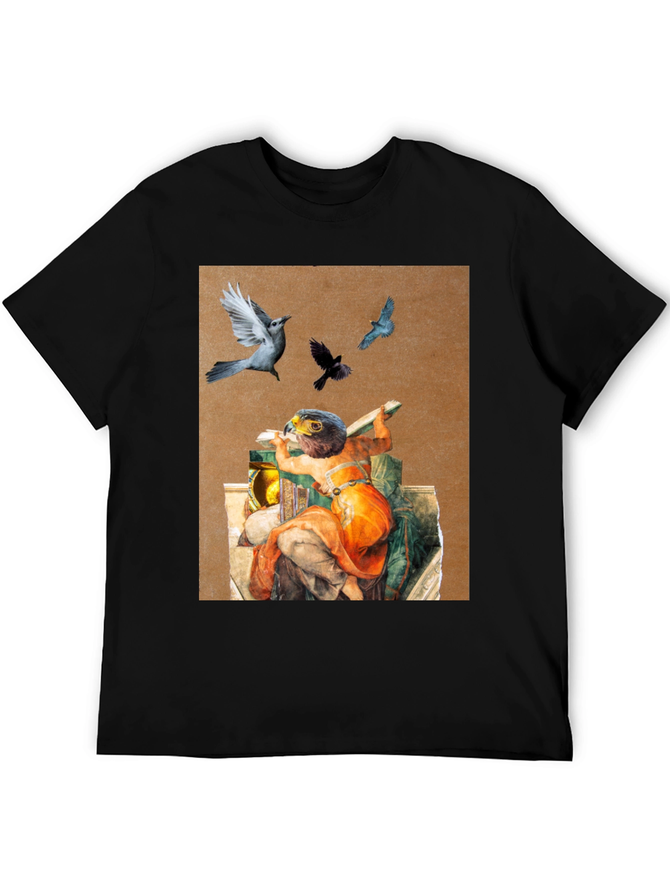 Artistic Bird Print Black T-Shirt