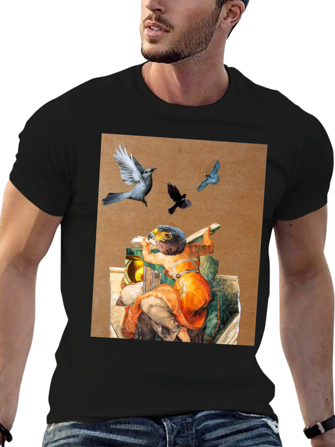 Artistic Bird Print Black T-Shirt