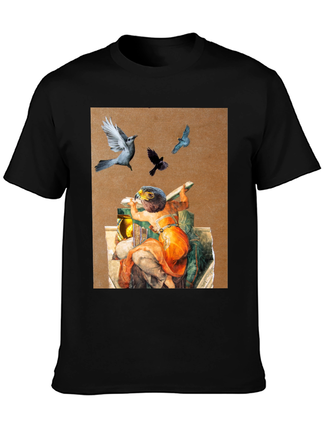 Artistic Bird Print Black T-Shirt