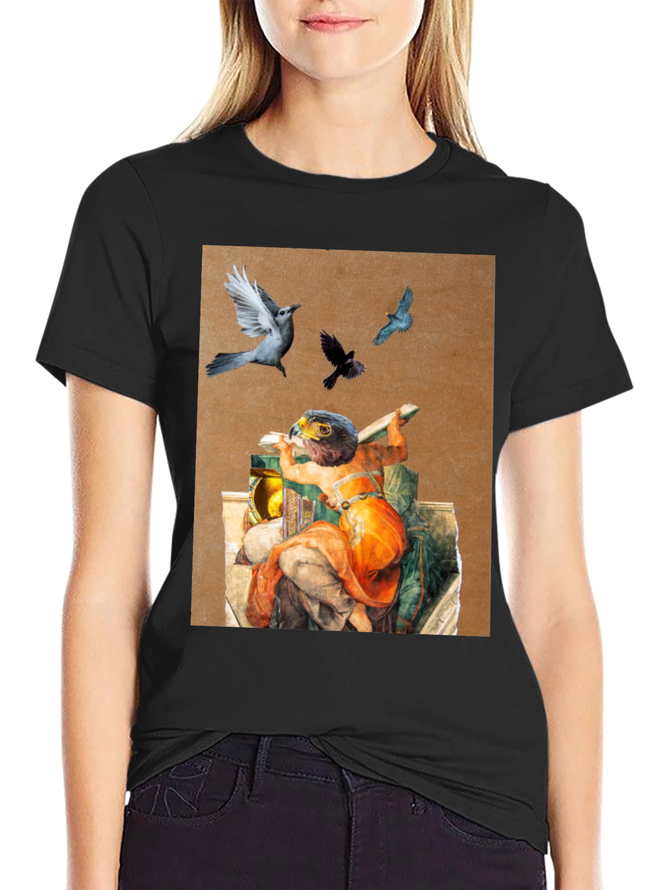 Artistic Bird Print Black T-Shirt