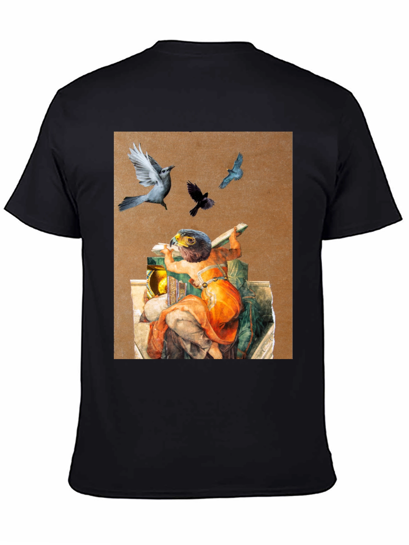 Artistic Bird Print Black T-Shirt
