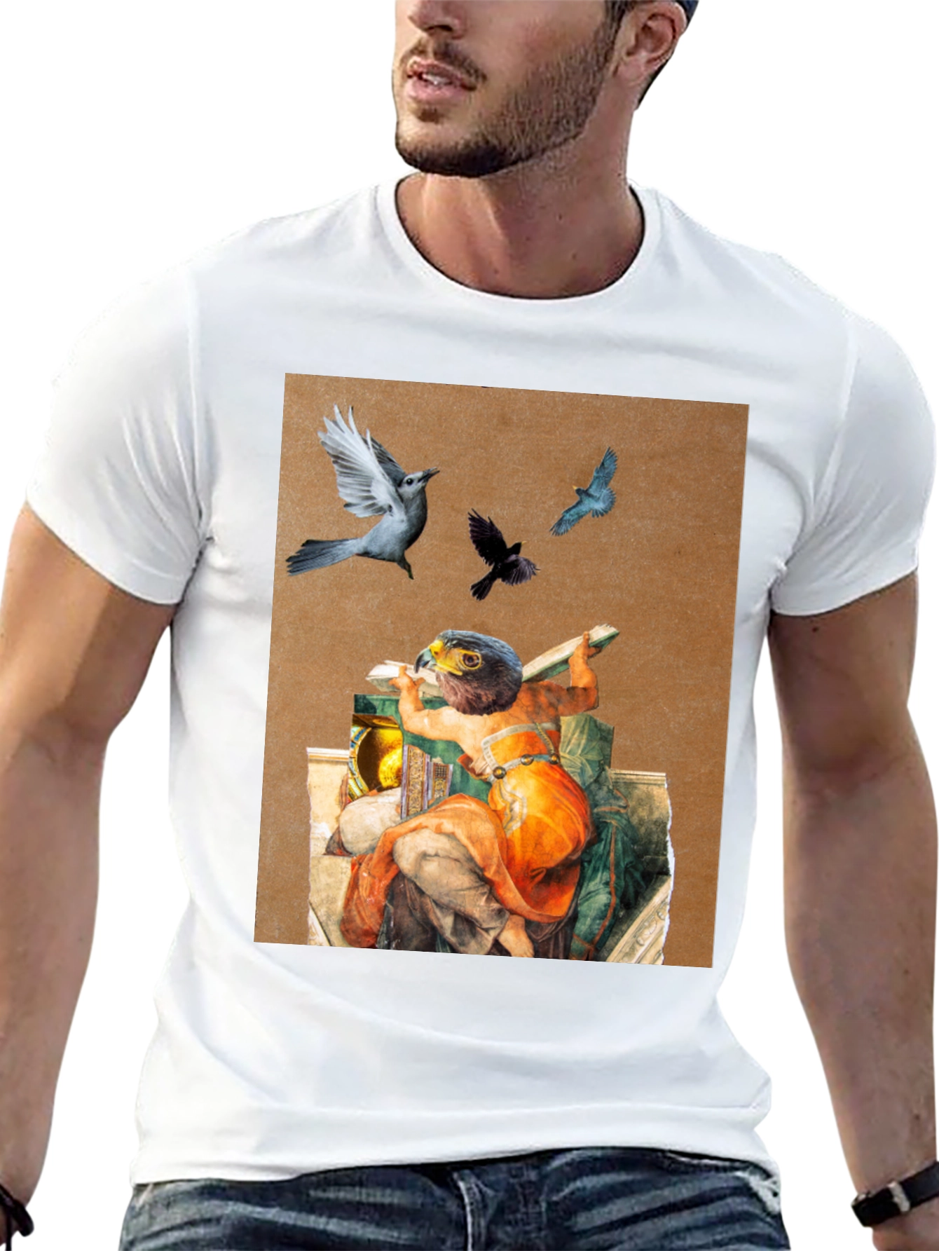 Artistic Bird Print Black T-Shirt