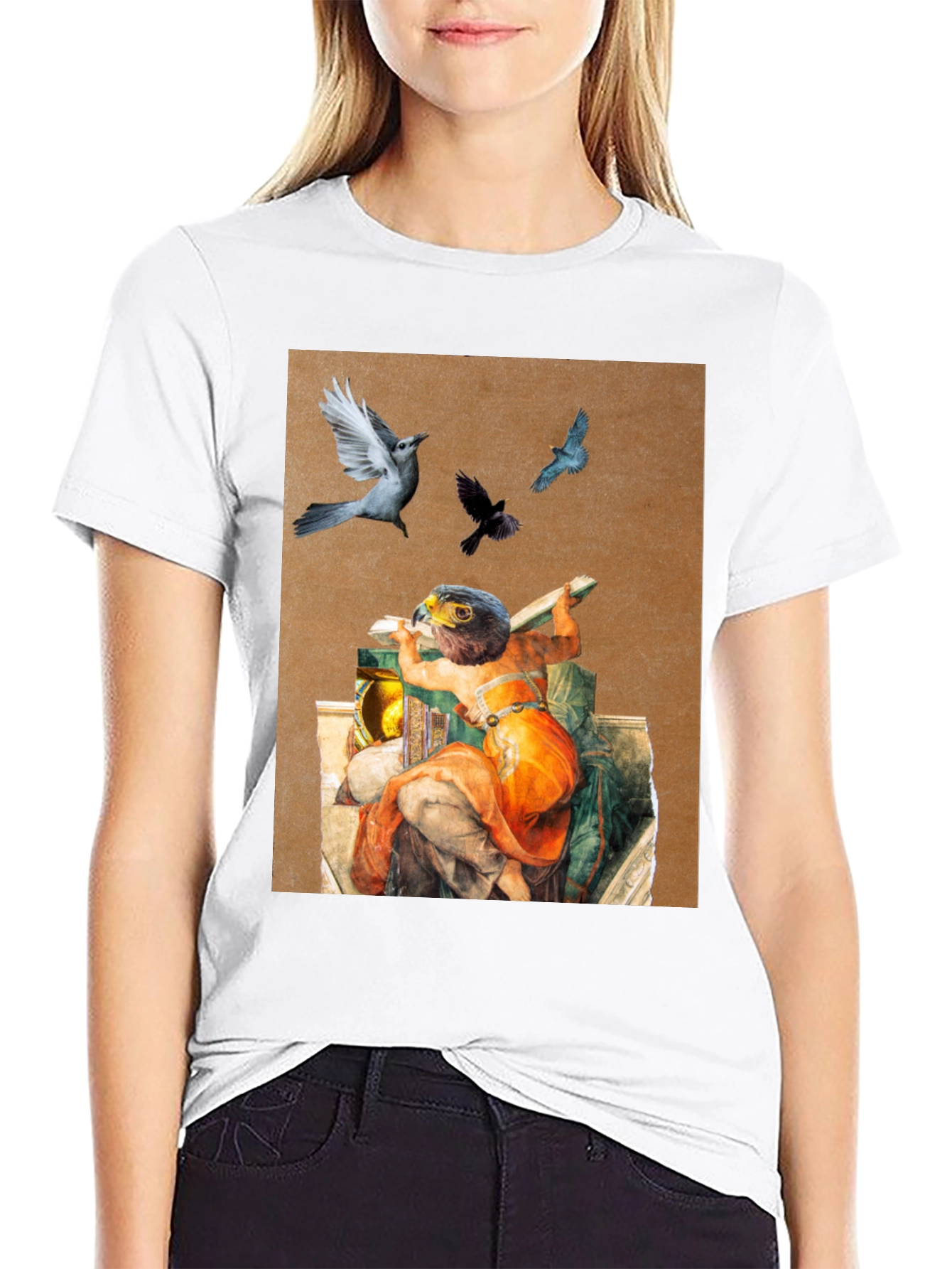 Artistic Bird Print Black T-Shirt
