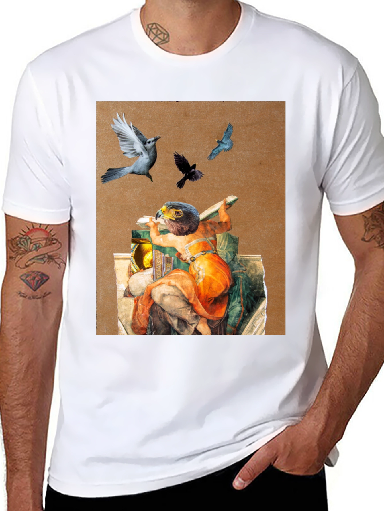 Artistic Bird Print Black T-Shirt