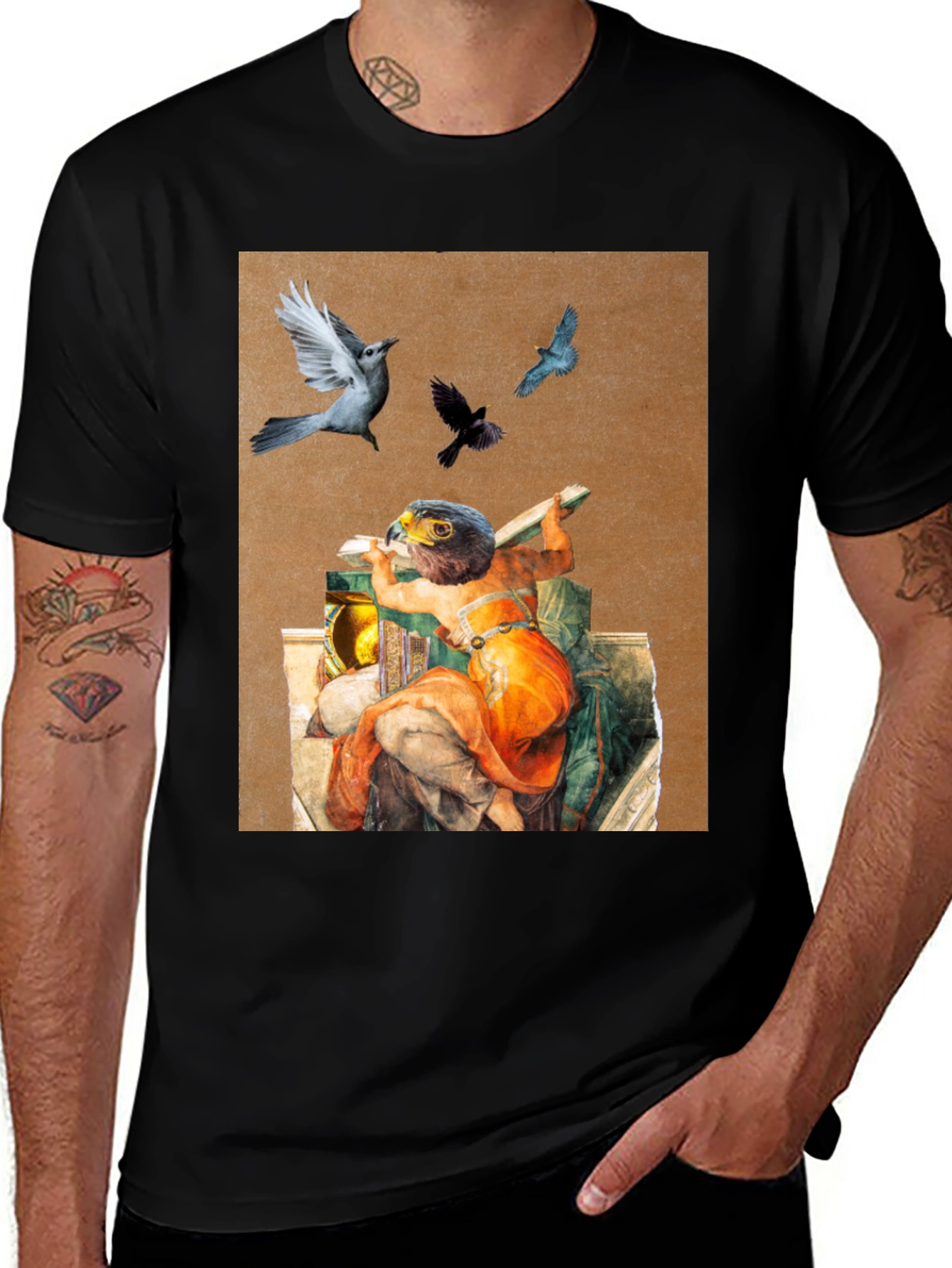 Artistic Bird Print Black T-Shirt