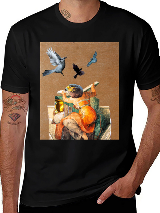 Artistic Bird Print Black T-Shirt
