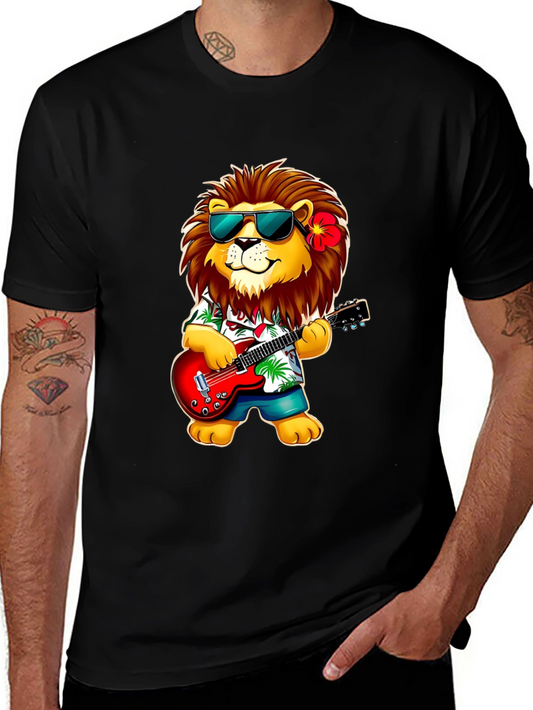 Lion Guitarist Graphic Tee - Cool Novelty Shirt