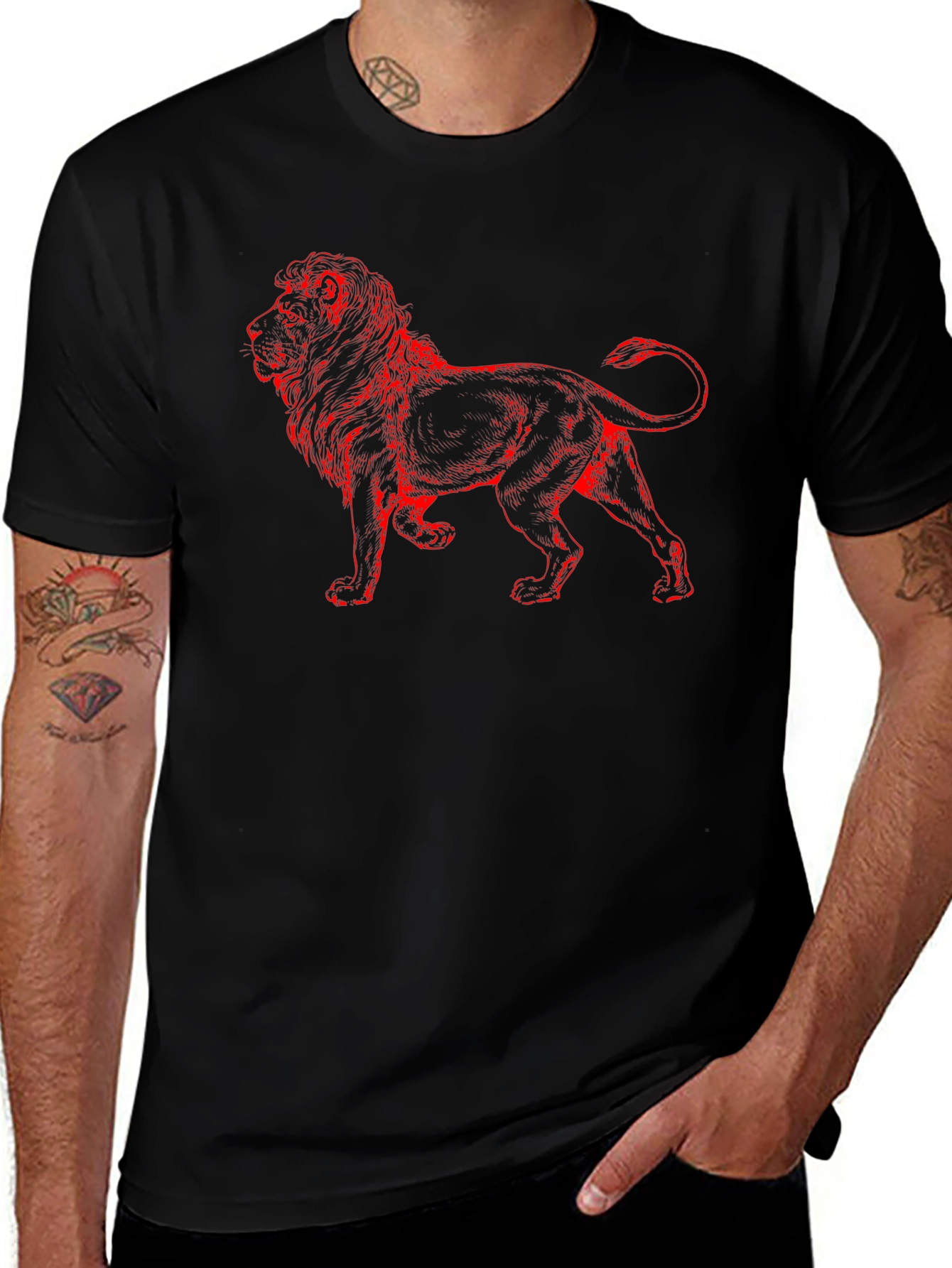 Lion Graphic Print T-Shirt - Casual Black Tee