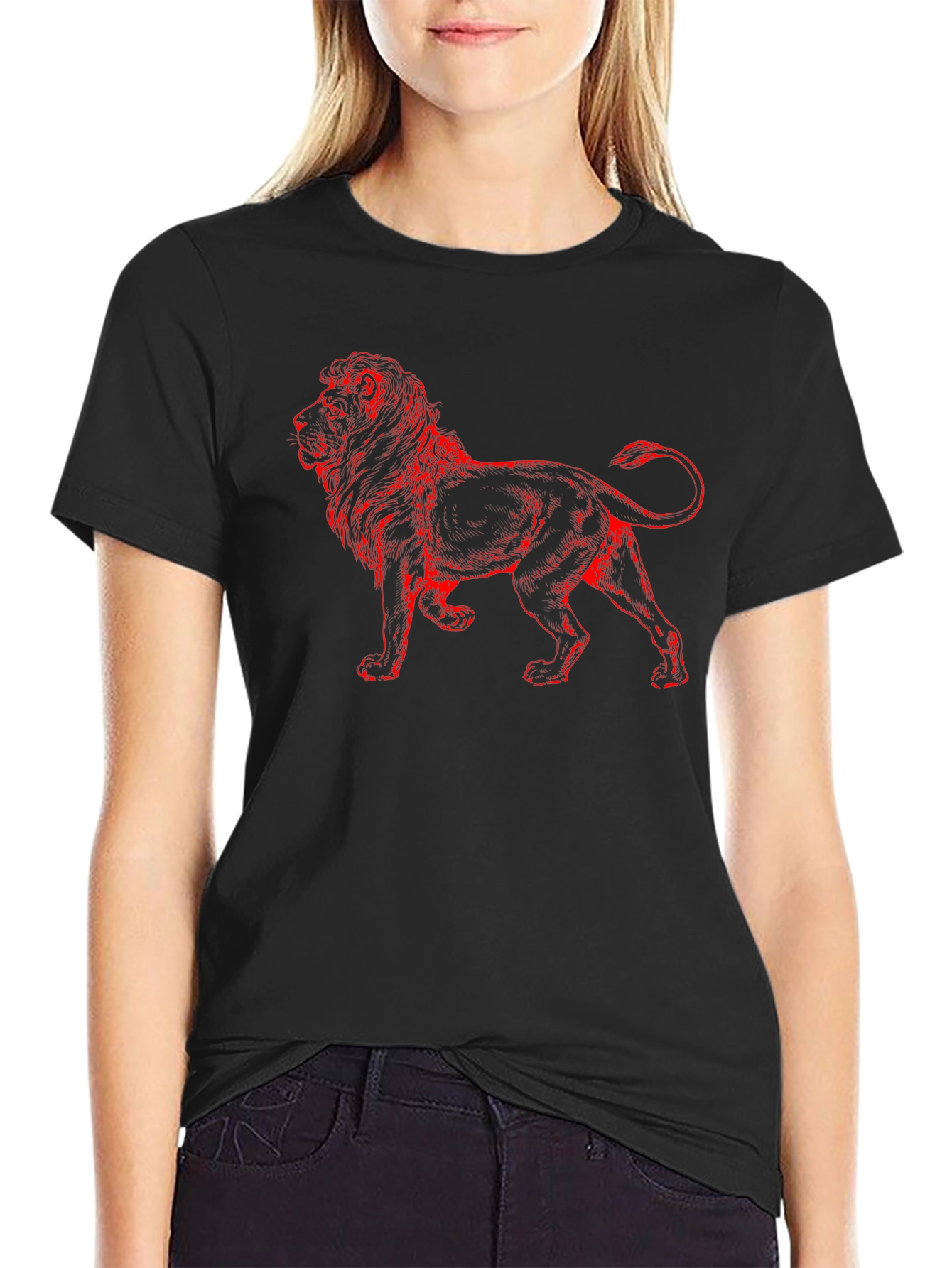 Lion Graphic Print T-Shirt - Casual Black Tee