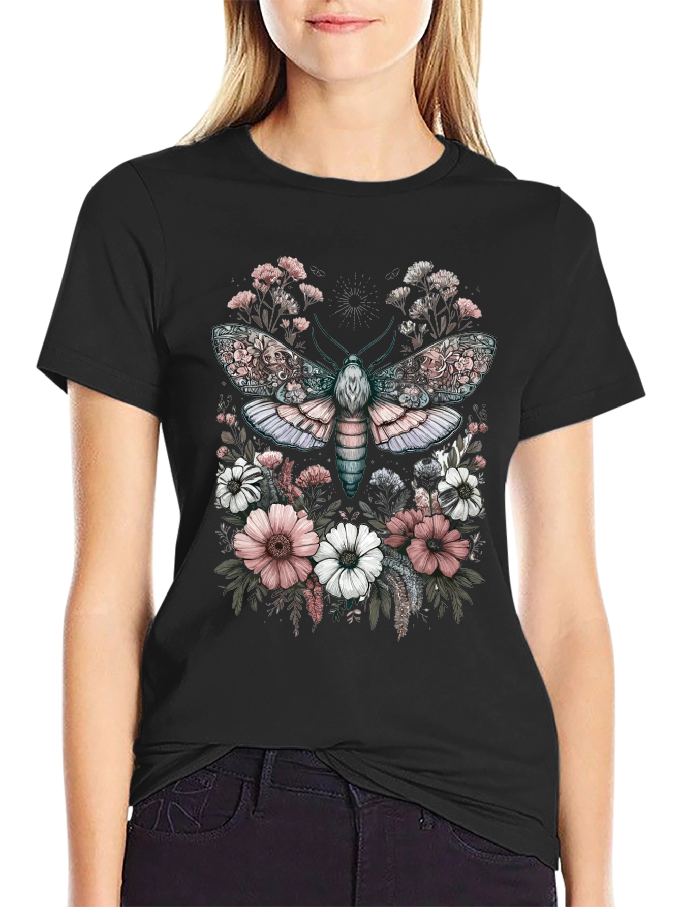 Floral Moth Graphic Tee - Unique Design
