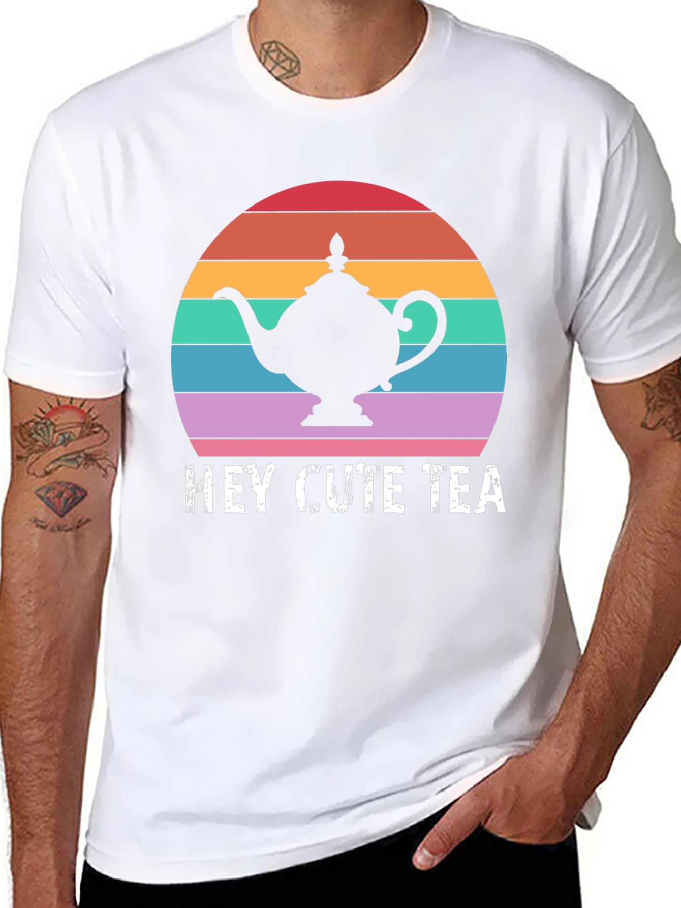 Hey Cute Tea T-Shirt Retro Sunset Teapot Graphic Tee