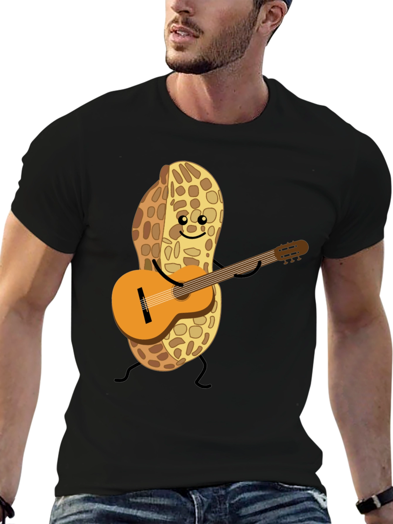 Playful Peanut Guitarist Graphic Tee - Black Cotton Shirt