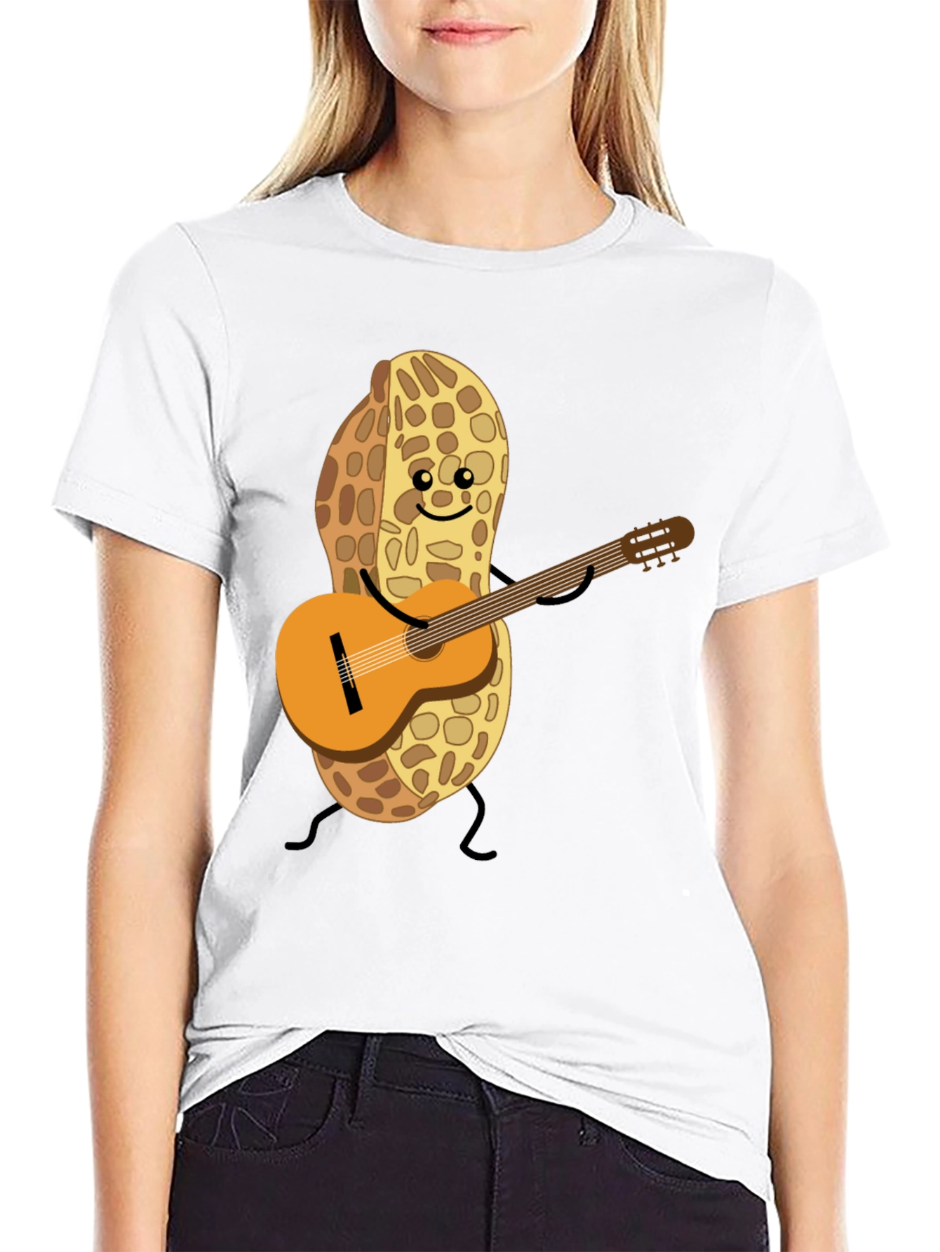 Playful Peanut Guitarist Graphic Tee - Black Cotton Shirt