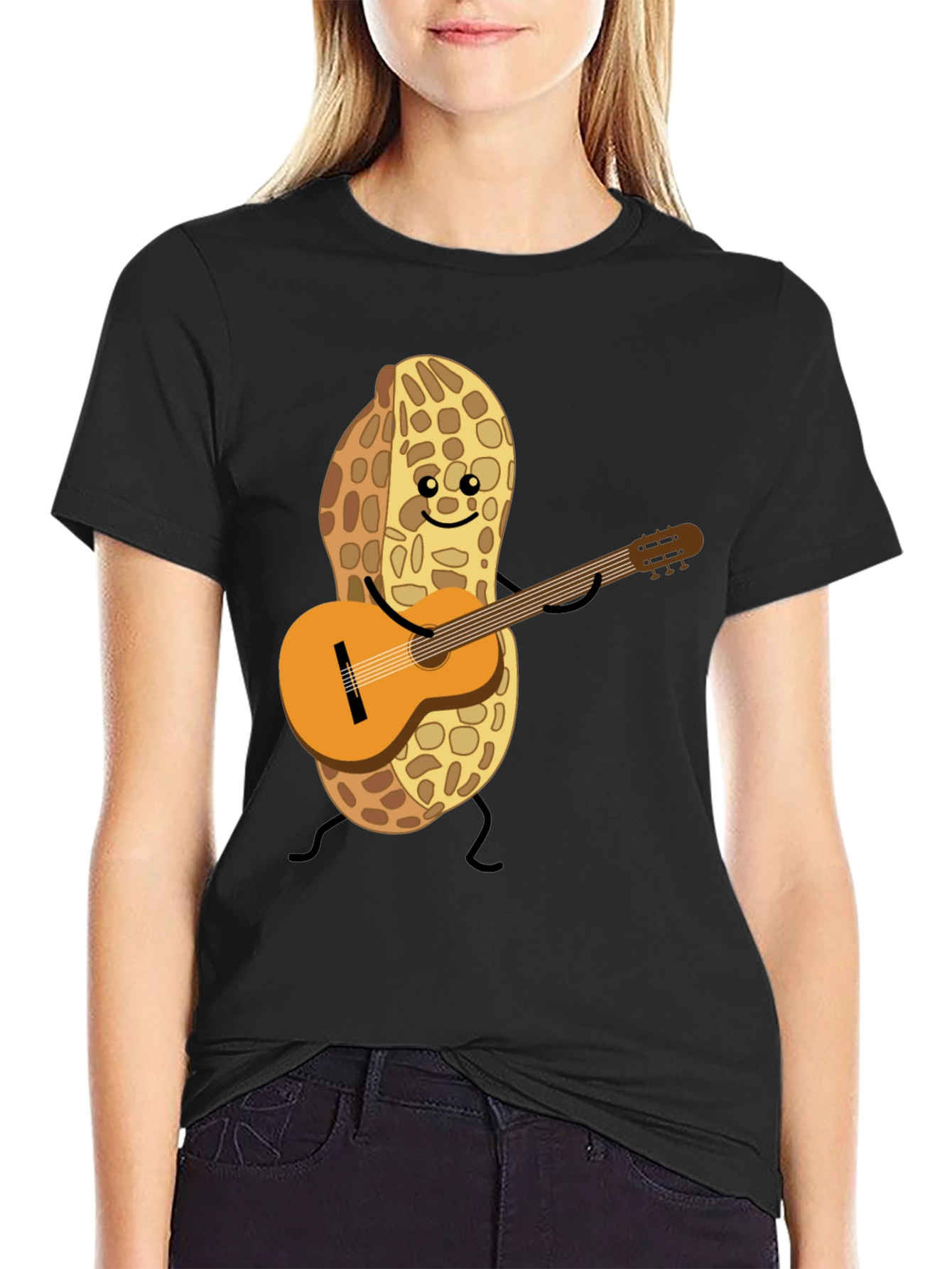 Playful Peanut Guitarist Graphic Tee - Black Cotton Shirt
