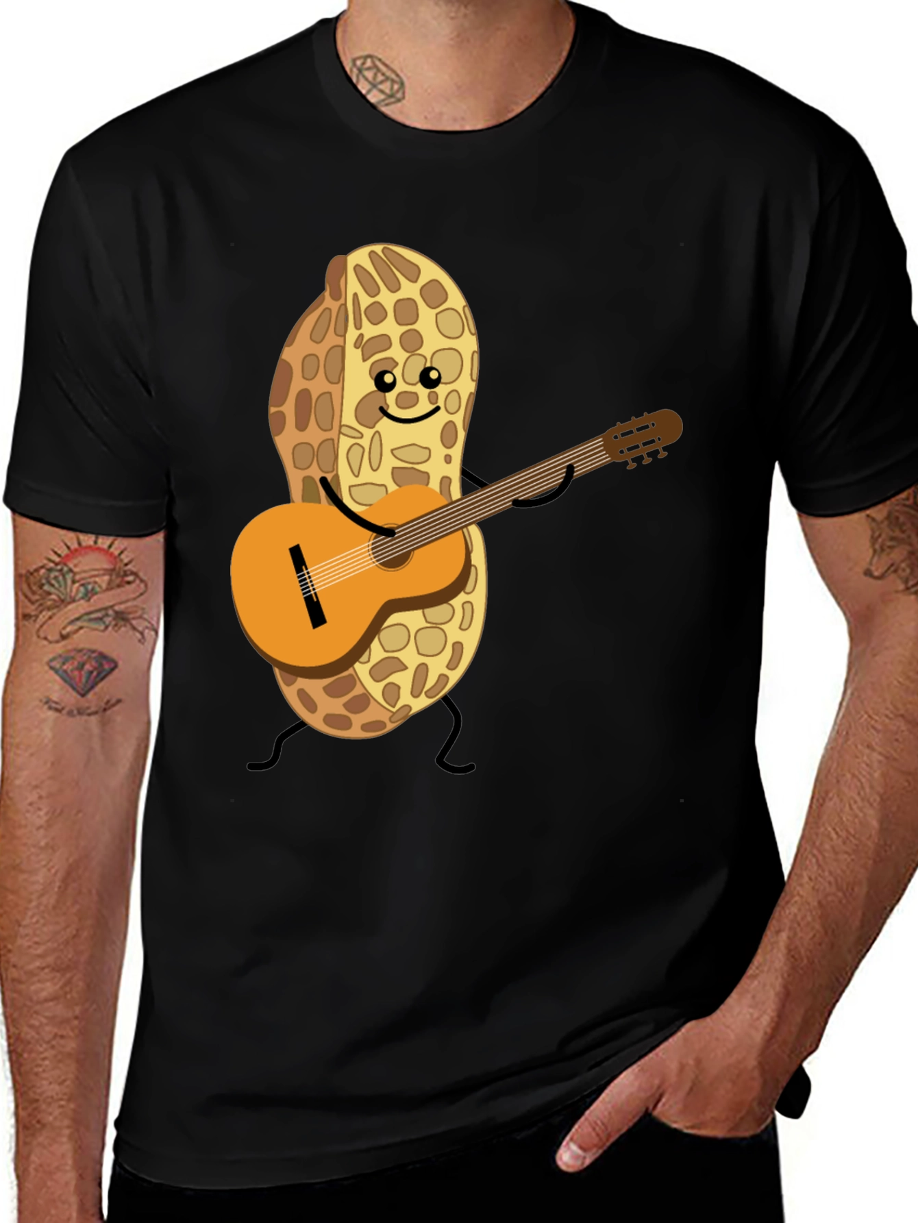 Playful Peanut Guitarist Graphic Tee - Black Cotton Shirt