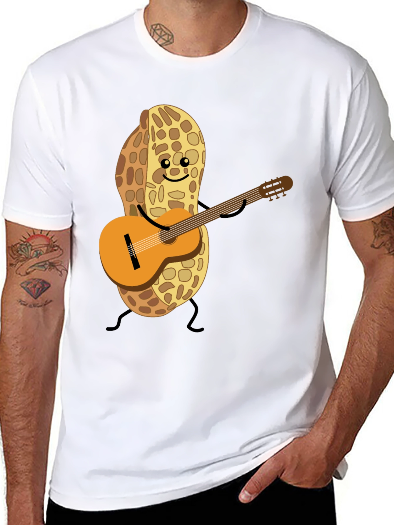Playful Peanut Guitarist Graphic Tee - Black Cotton Shirt
