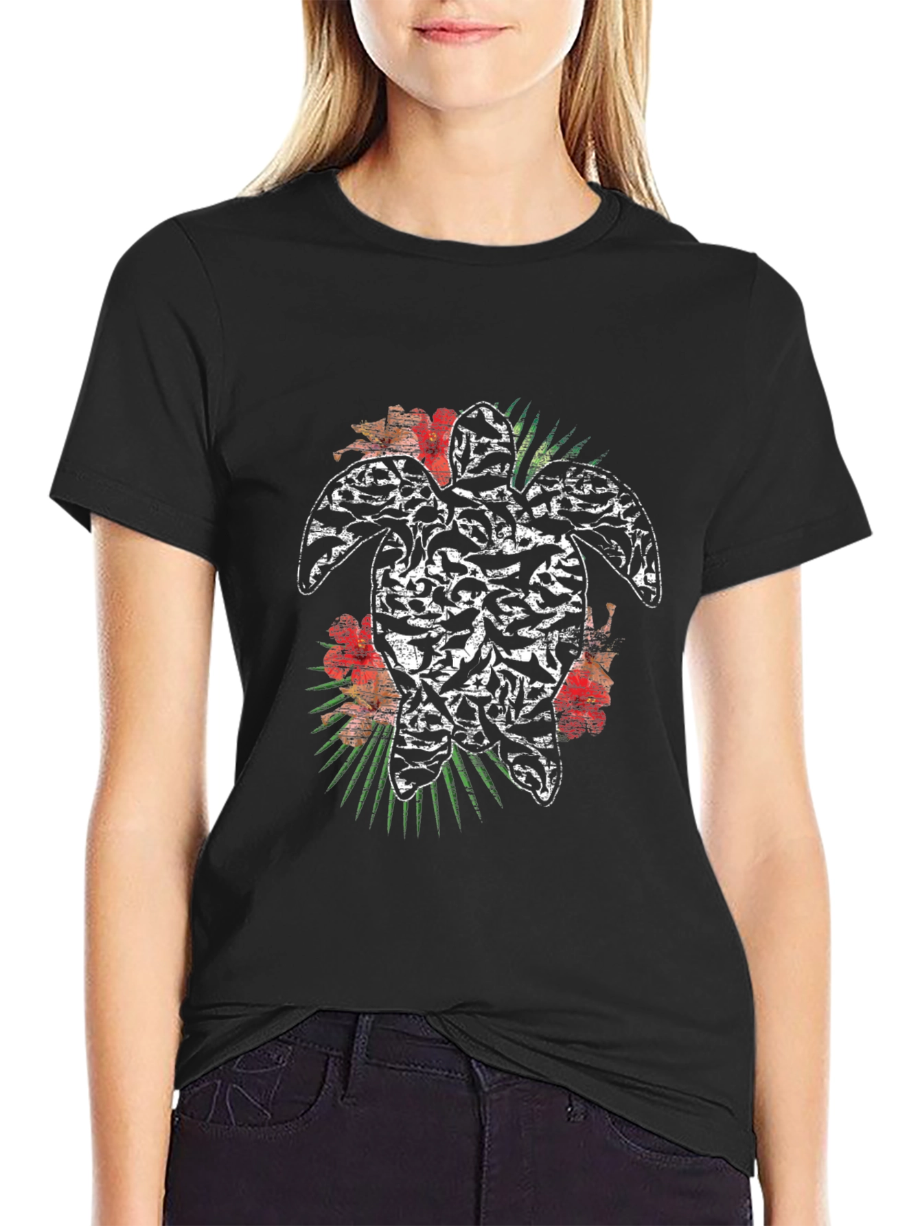 Turtle Hibiscus Mens Black Graphic Tee