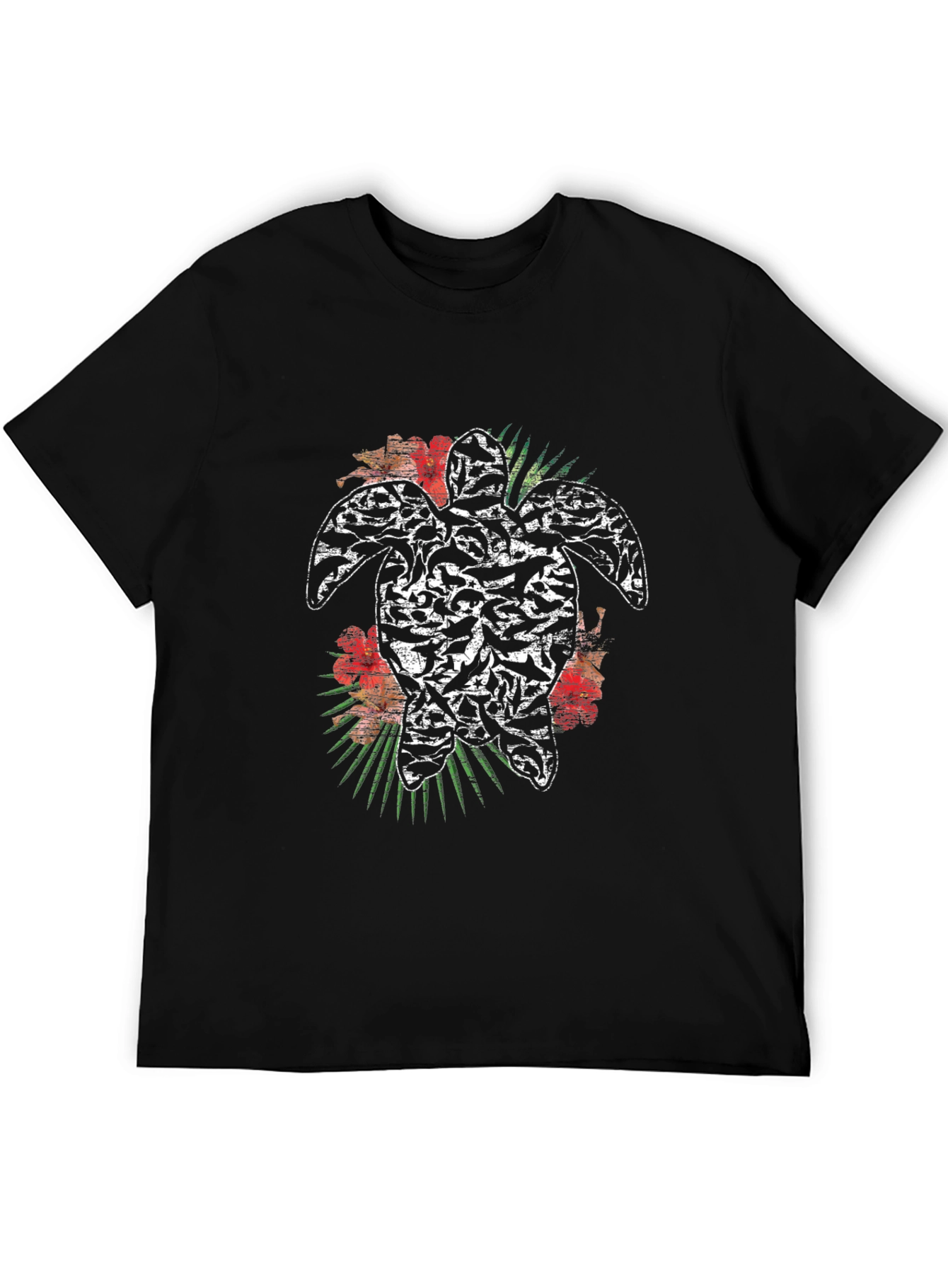 Turtle Hibiscus Mens Black Graphic Tee