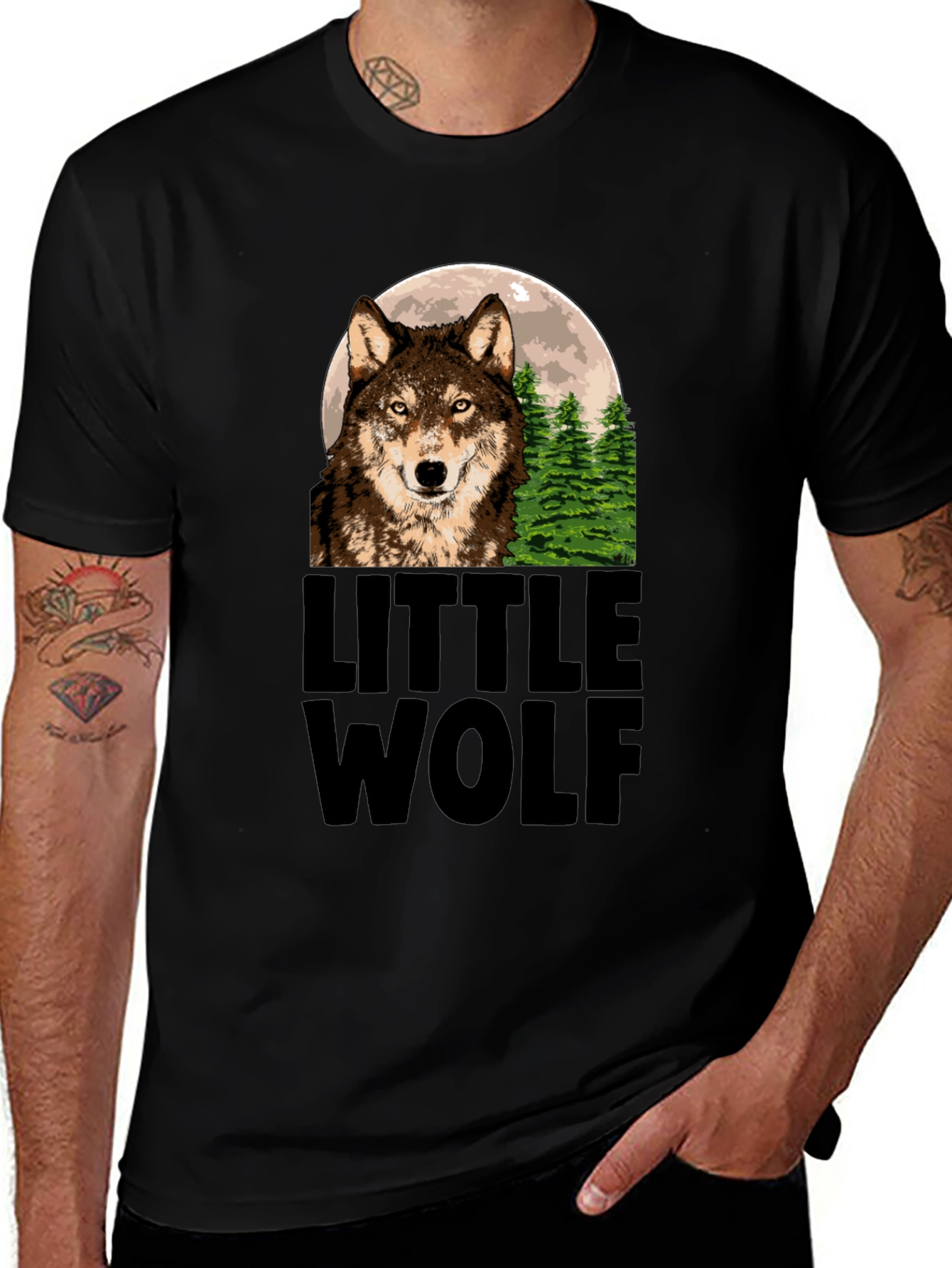 Little Wolf Graphic Print Black T-Shirt