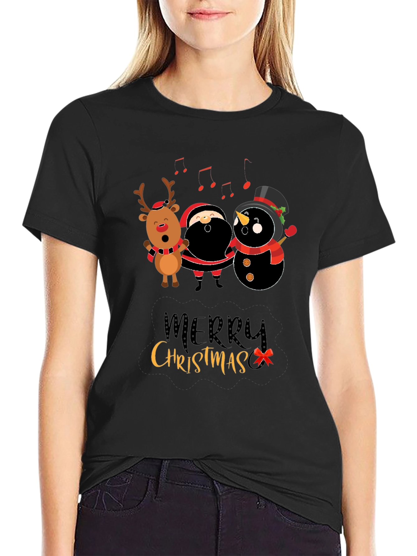 Merry Christmas Graphic Tee - Santa Reindeer Snowman