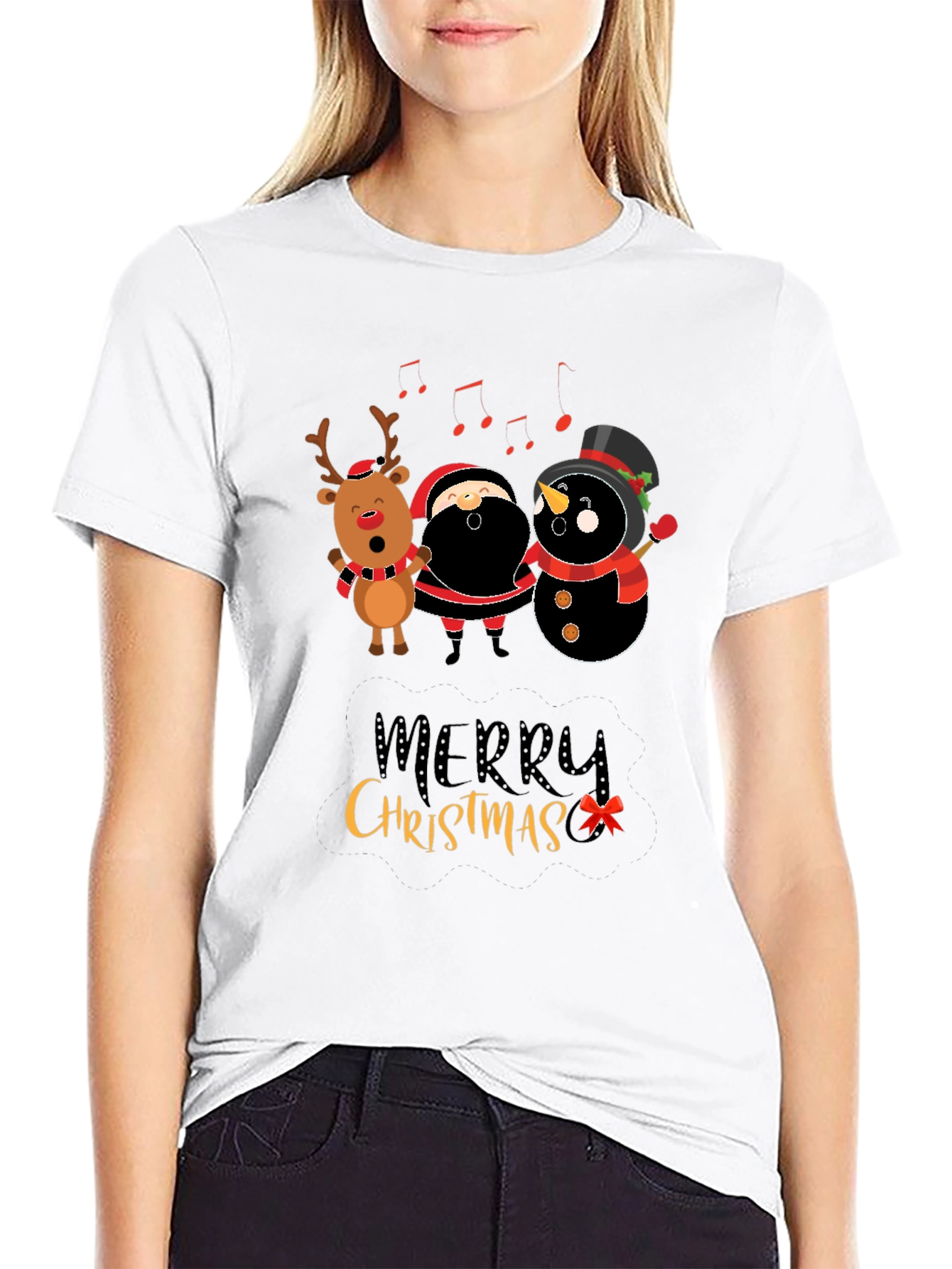 Merry Christmas Graphic Tee - Santa Reindeer Snowman